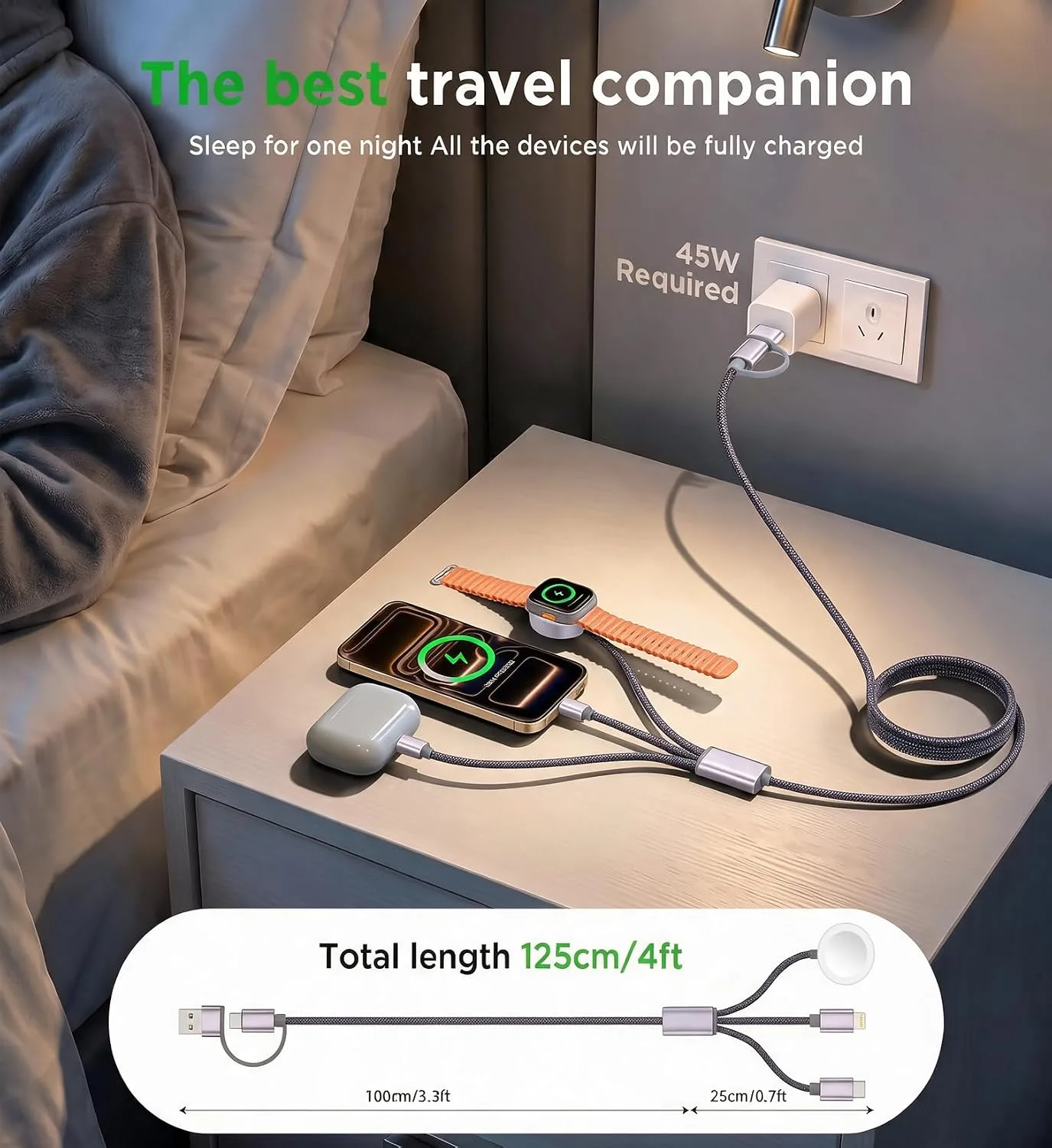 2Pack Travel Essentials for Apple Watch Charger,3-in-2 Multi Charging Cable