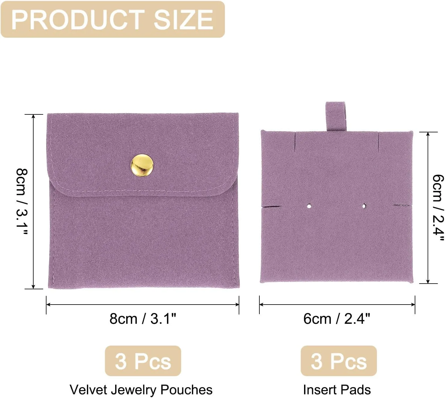 uxcell 3 Pcs Microfiber Jewelry Pouches with Insert Pad, 8 x 8cm Snap Button Jewelry Velvet Gift Bags Organizer for Rings Necklace Bracelet, Light Purple