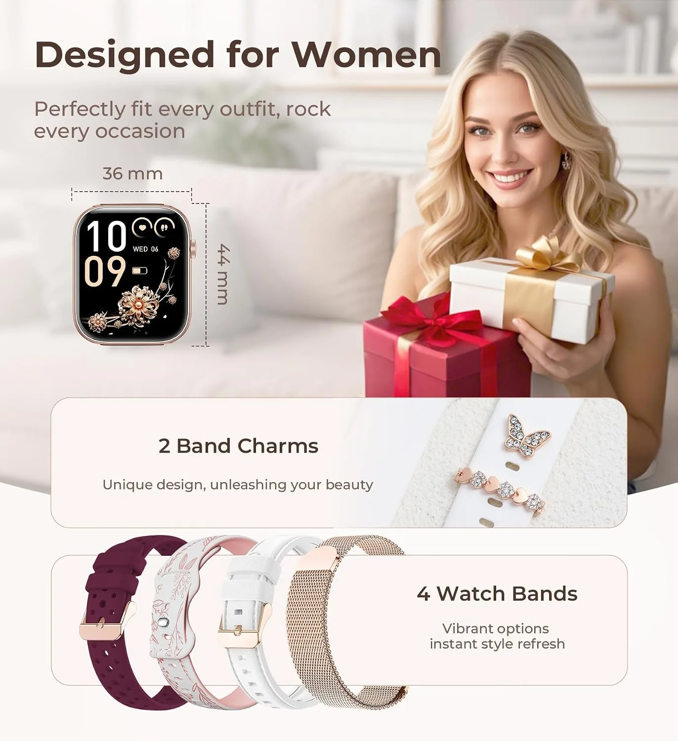 Iaret Smart Watch for Women, 1.83" HD Fitness Tracker with 4 Bands, Answer/Make Calls, Heart Rate/Sleep/SpO2/Step Tracking, 100+ Sport Modes, Android/iPhone Compatible Gift (White)