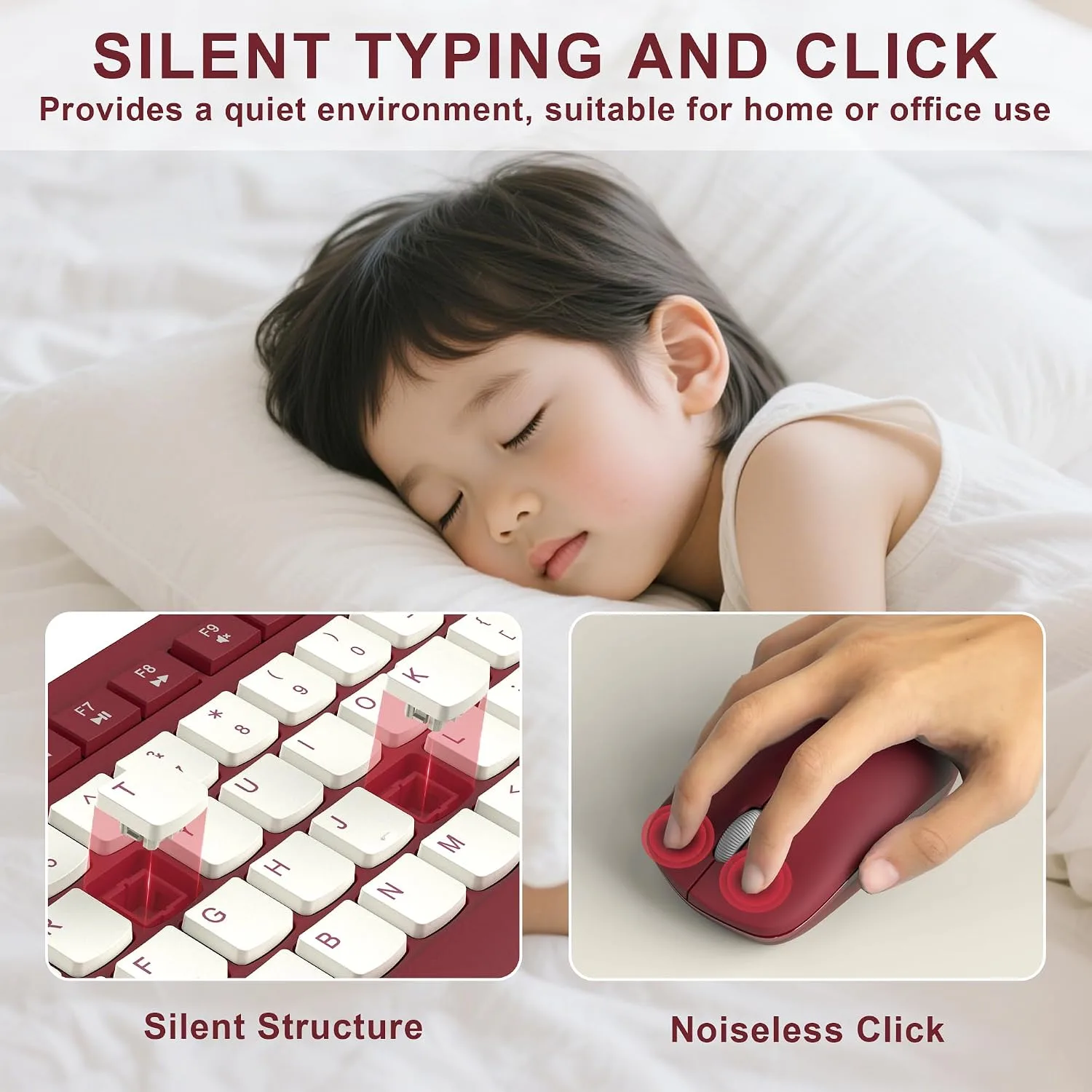 Wireless Keyboard and Mouse Combo Silent for Office and Home(Wine Red-B)