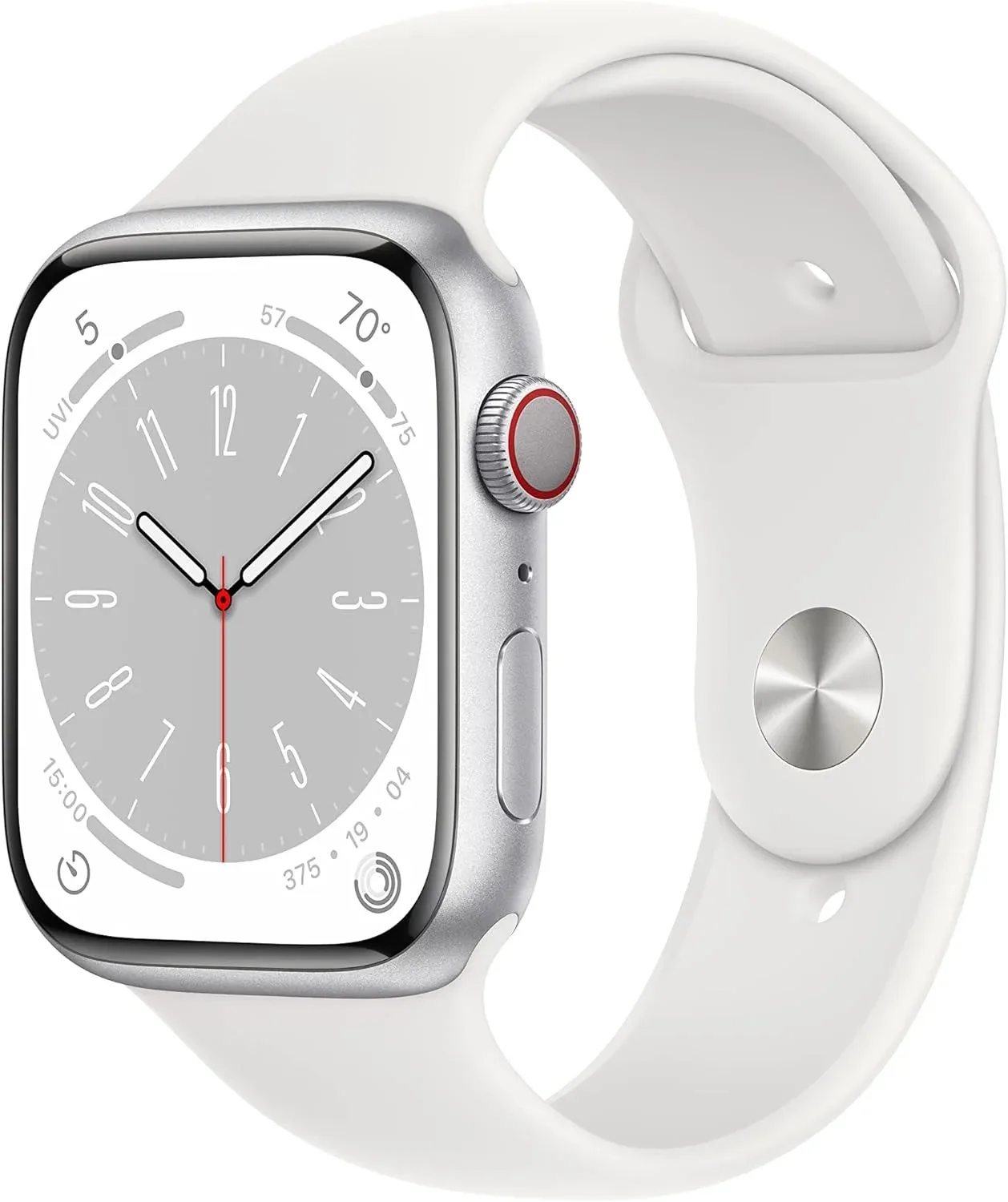 Apple Watch Series 8 [GPS + Cellular, 45mm] - Silver Aluminum Case with White Sport Band, M/L (Renewed)