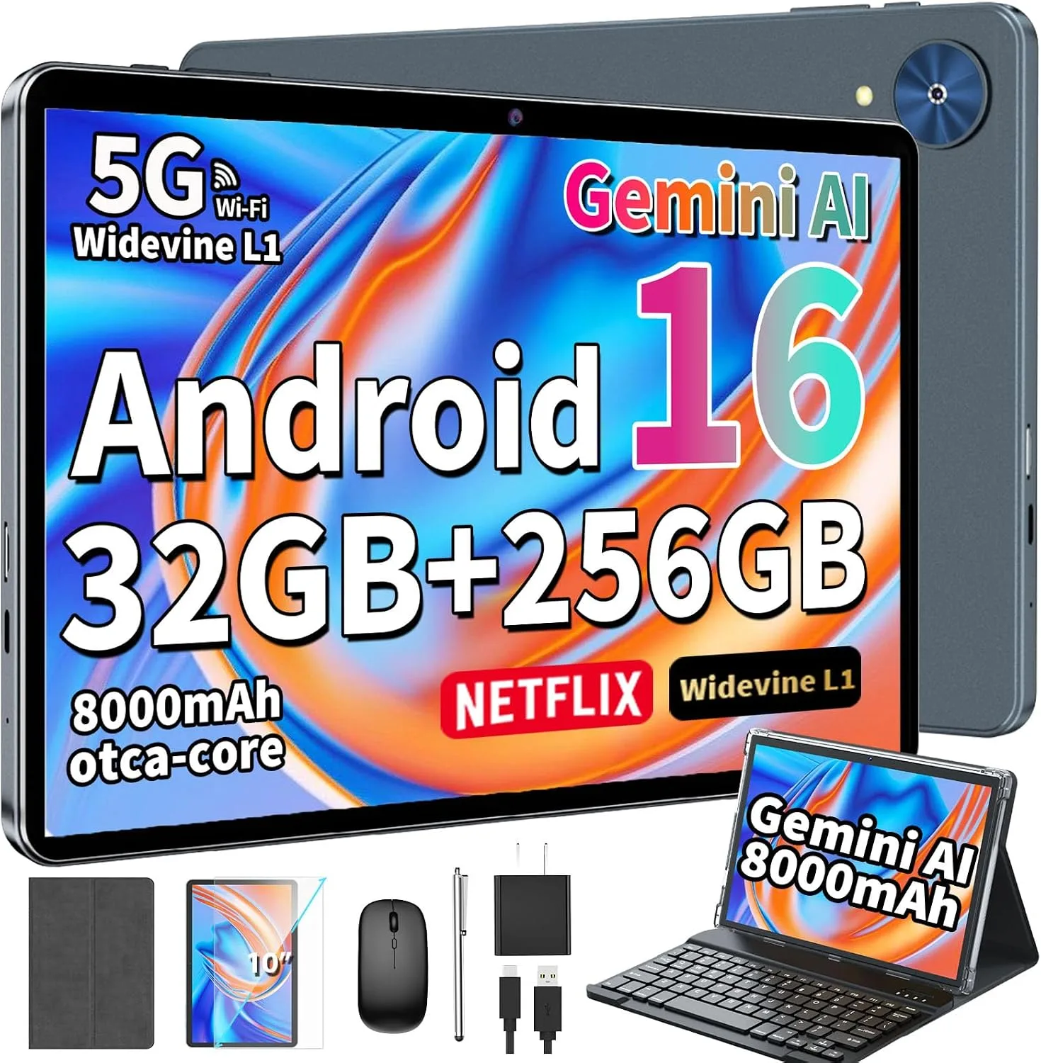 Tablet, 10 Inch Android 16 Tablet with Keyboard, Gemini AI, 32GB+256GB+2TB