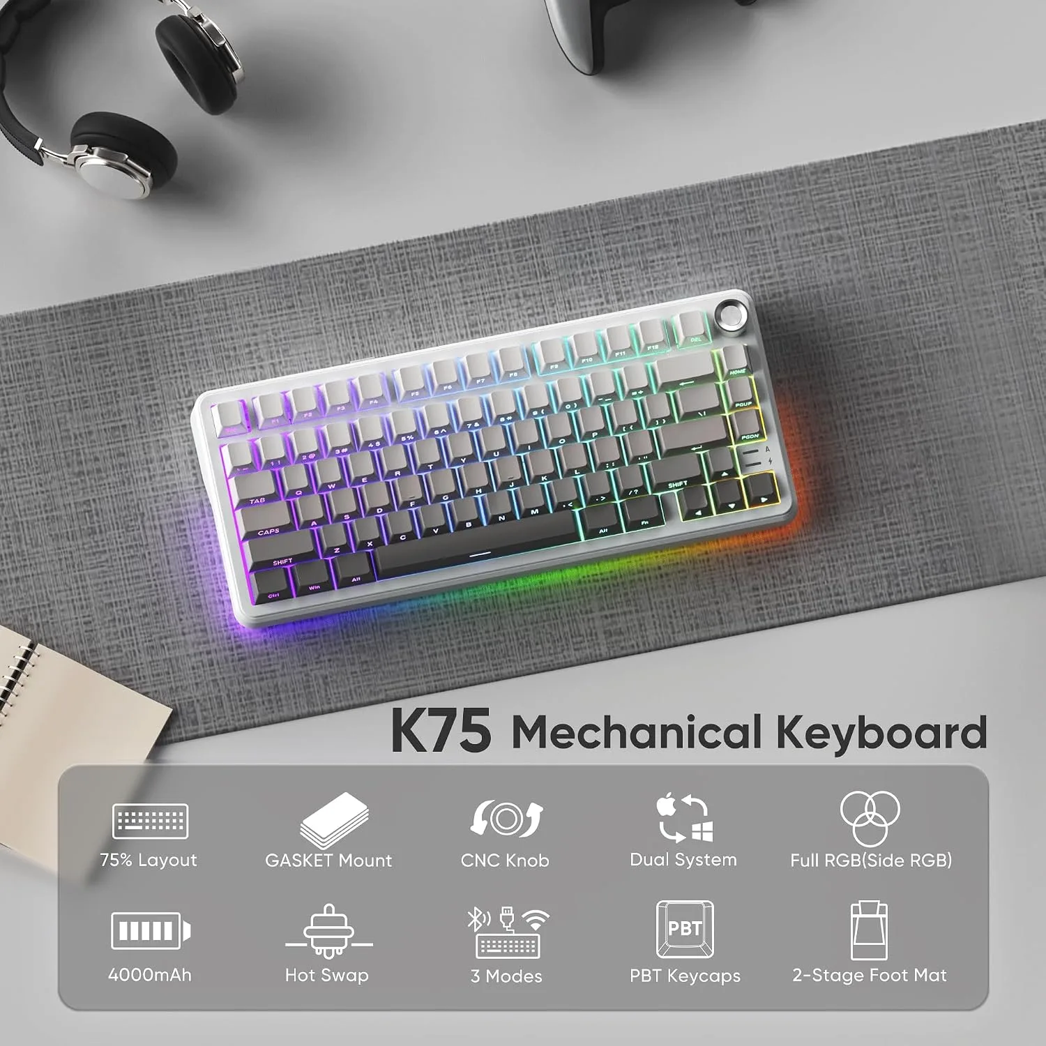 RedThunder K75 Wireless Mechanical Keyboard, CNC Knob, Tri-Mode BT5.0/2.4GHz/USB-C Hot Swappable Custom, Cremy Sound, Pre-lubed Linear Switches, RGB Gaming Keyboard, Side Fonts, Gradient White-Gray