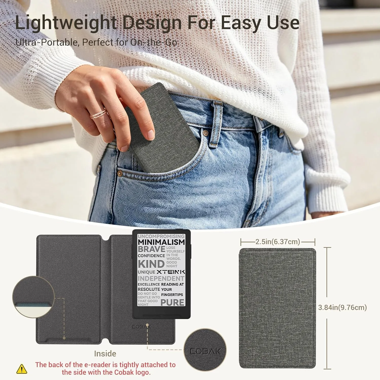 CoBak Magnetic Case for XTEINK X3 eBook Reader, 3.7" Ultra-Lightweight PU Leather Cover(Cloth Pattern Gray)