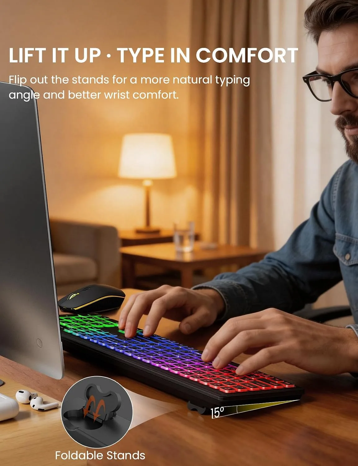 Wireless Keyboard and Mouse Combo with RGB Backlit, Rechargeable