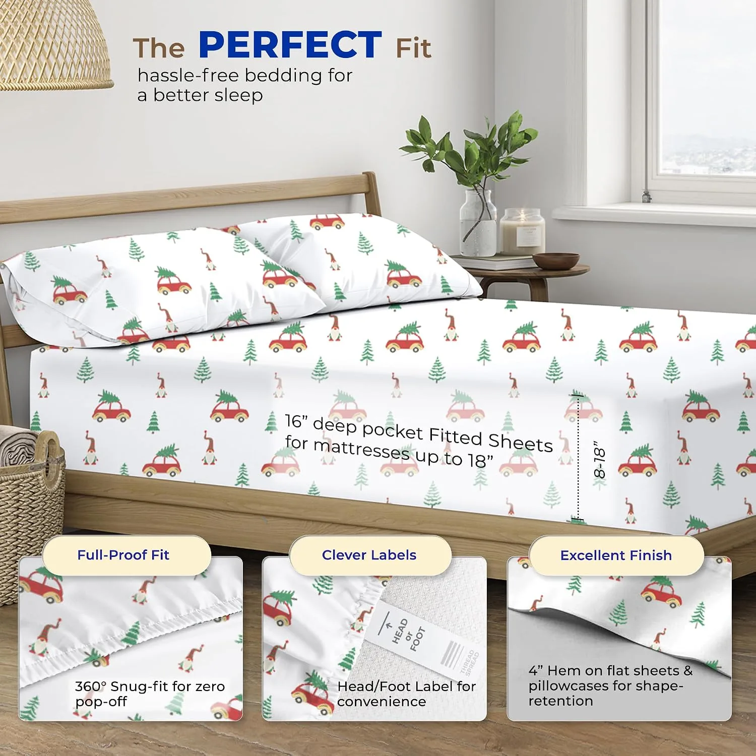 THREAD SPREAD 100% Egyptian Cotton Printed Sheets California King Size - 4 PC 600 Series Cotton Printed Sheets Set for Cal King Bed (Festive Joy), Soft, Luxury Hotel 16" Deep Pocket Bedsheet