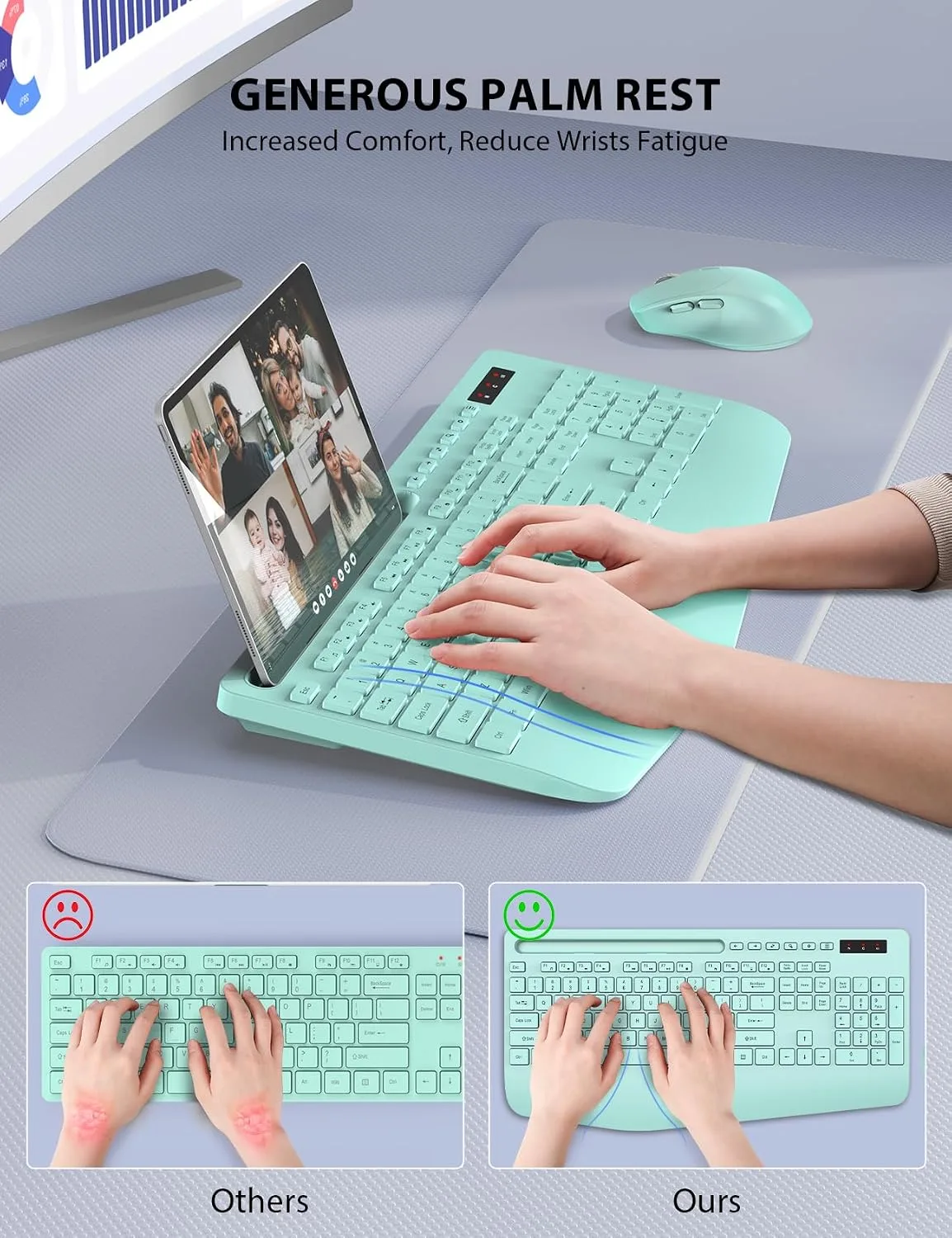 Wireless Keyboard and Mouse Combo - Full-Sized Ergonomic Keyboard with Wrist Rest, Phone Holder, Sleep Mode, Silent 2.4GHz Cordless Keyboard Mouse Combo for Computer, Laptop, PC, Mac, Windows (Green)
