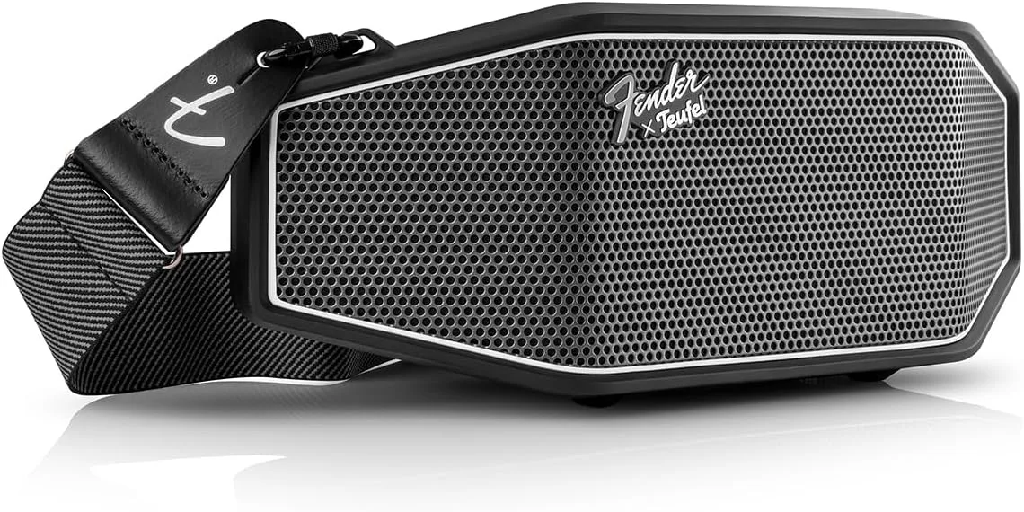 Fender x Teufel ROCKSTER CROSS Portable Wireless Bluetooth Speaker – Rugged, Waterproof, 16 Hours of Battery, Powerful Stereo Sound, Subwoofer, Built-in Power Bank, Fender Guitar Strap (Black & Steel)