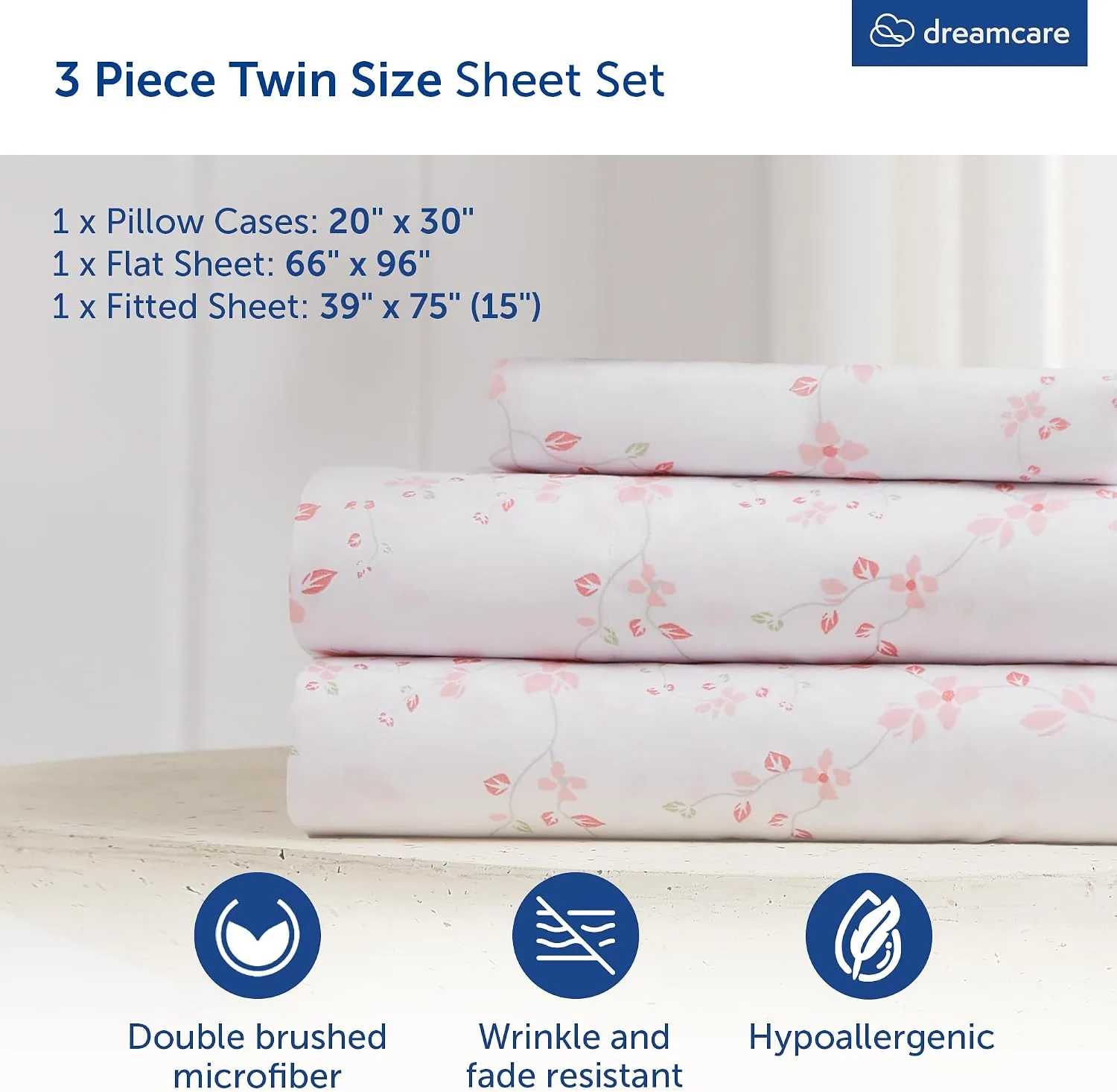 DREAMCARE Twin Sheets - 3 pcs Breathable Cooling Twin Bed Sheets