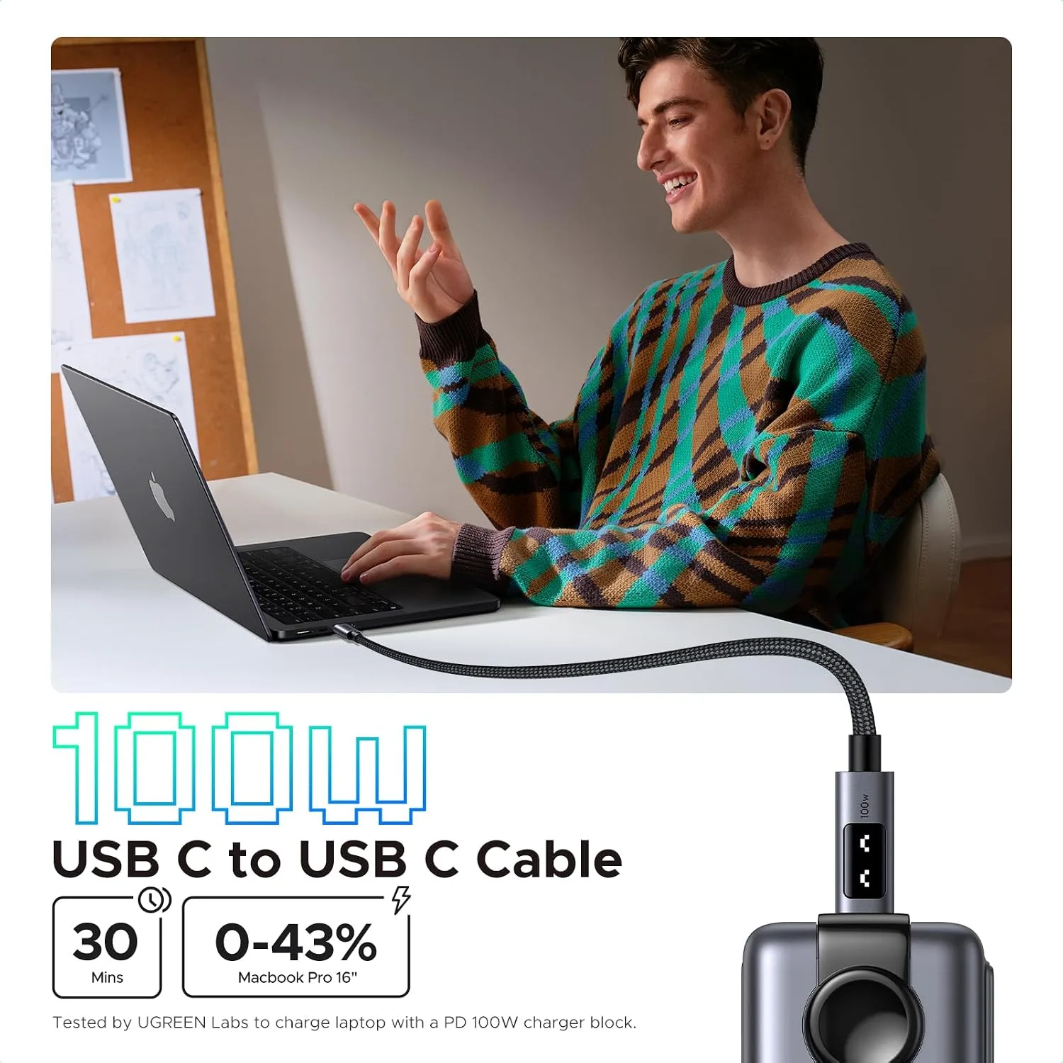 UGREEN Uno USB C Cable 100W with LED Display, Fast Charging, 6.6ft, Black