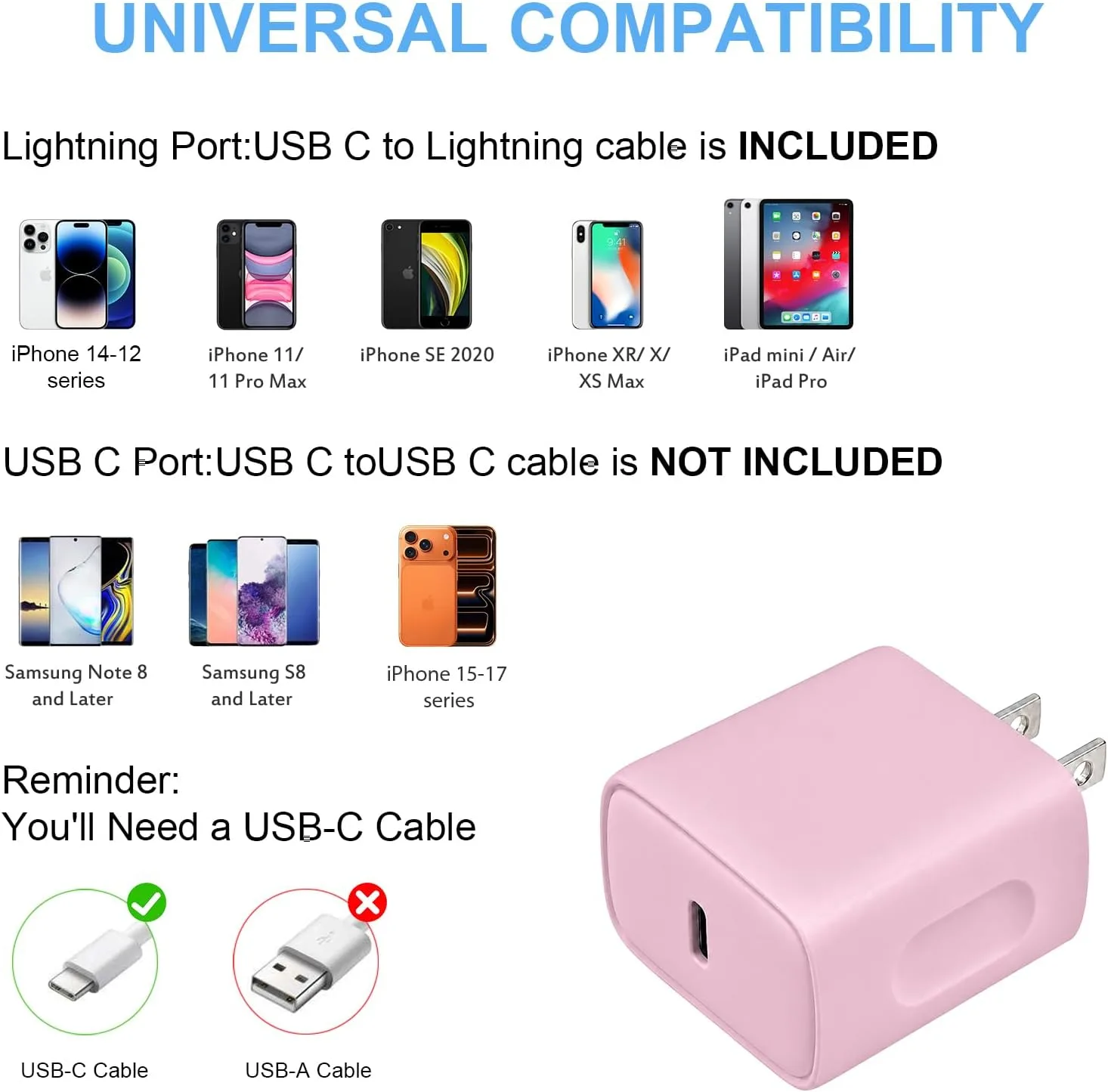 iPhone 14 13 12 Fast Charger 20W PD USB C Wall Charger with 6FT Fast Charging Cable for iPhone 14/14 Pro/14 Pro Max/14 Plus/13/12/11/Pro/Pro Max/Mini/Xs Max/X, iPad - Pink