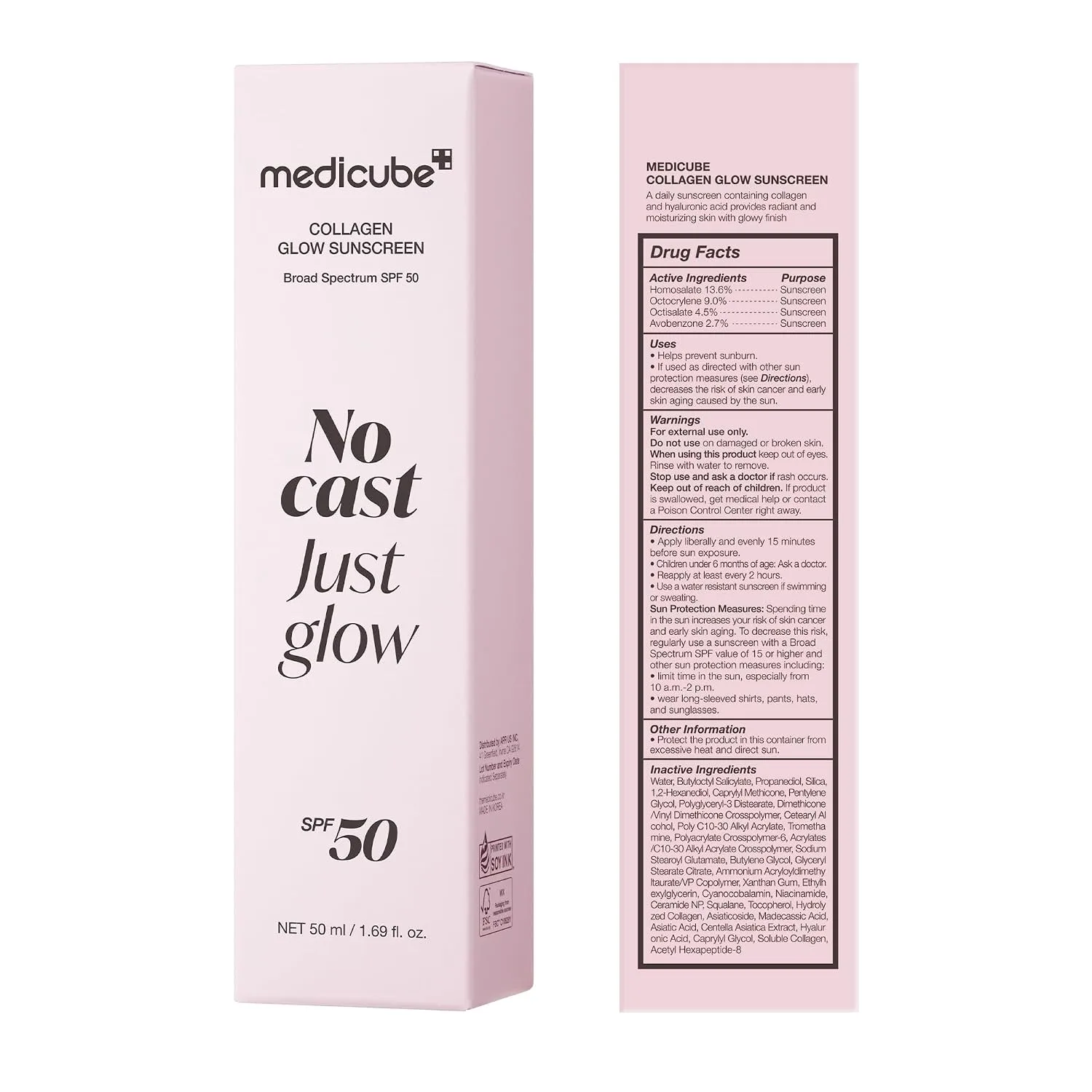 medicube Sunscreen No Cast Just Glow Collagen | SPF 50 Broad Spectrum Face Sunscreen | Lightweight, Non-Sticky, Hydrating Formula | Peptide, Cica for Soothing & Glow | Korean Skincare (Pack of 2)