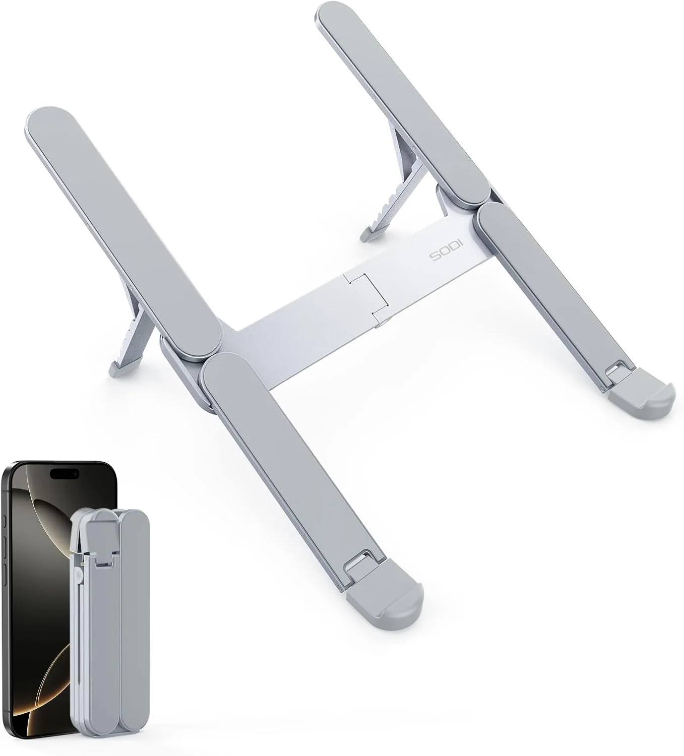 SODI Ultra Compact Foldable Laptop Stand - Portable Laptop Holder for Desk & Travel Use, Ergonomic Aluminum Computer Holder with Adjustable Height for MacBook, Tablet 10-16" (Light Gray, Bi-Fold)