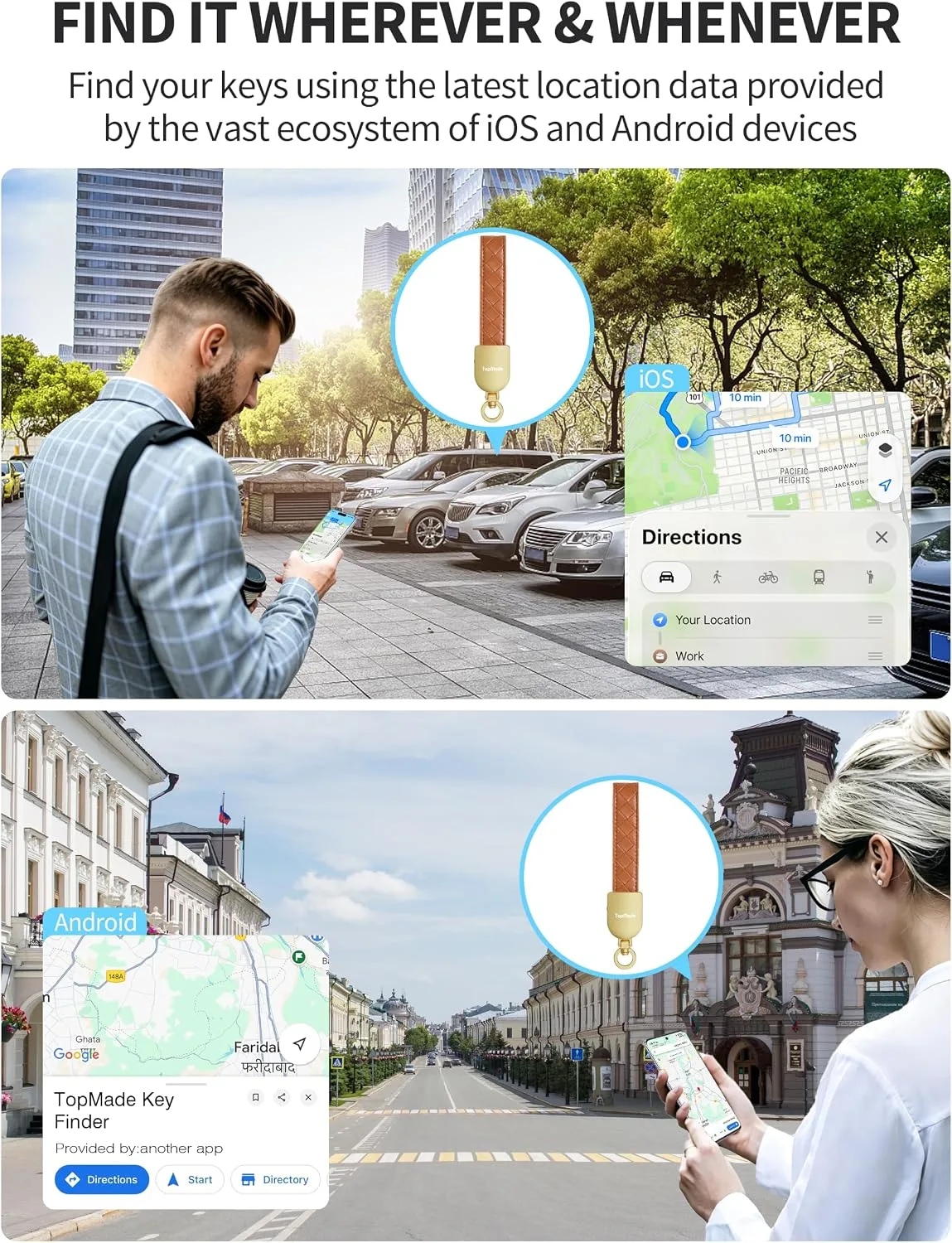 Smart Keychain Tracker (iOS & Android), Car Key Finder, Brown & Gold