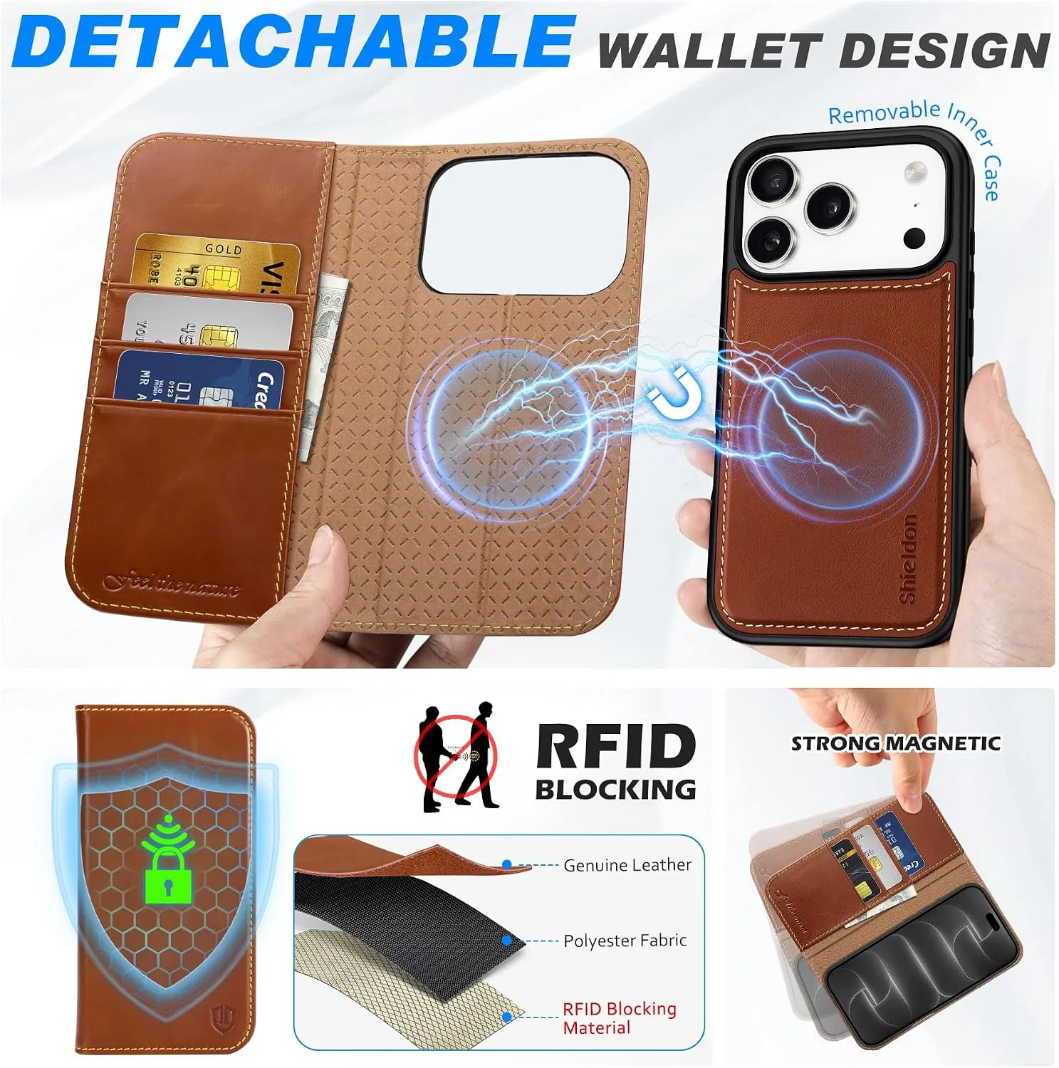 SHIELDON 2 in 1 Leather Case Wallet for iPhone 18 Pro/17 Pro, Retro Brown