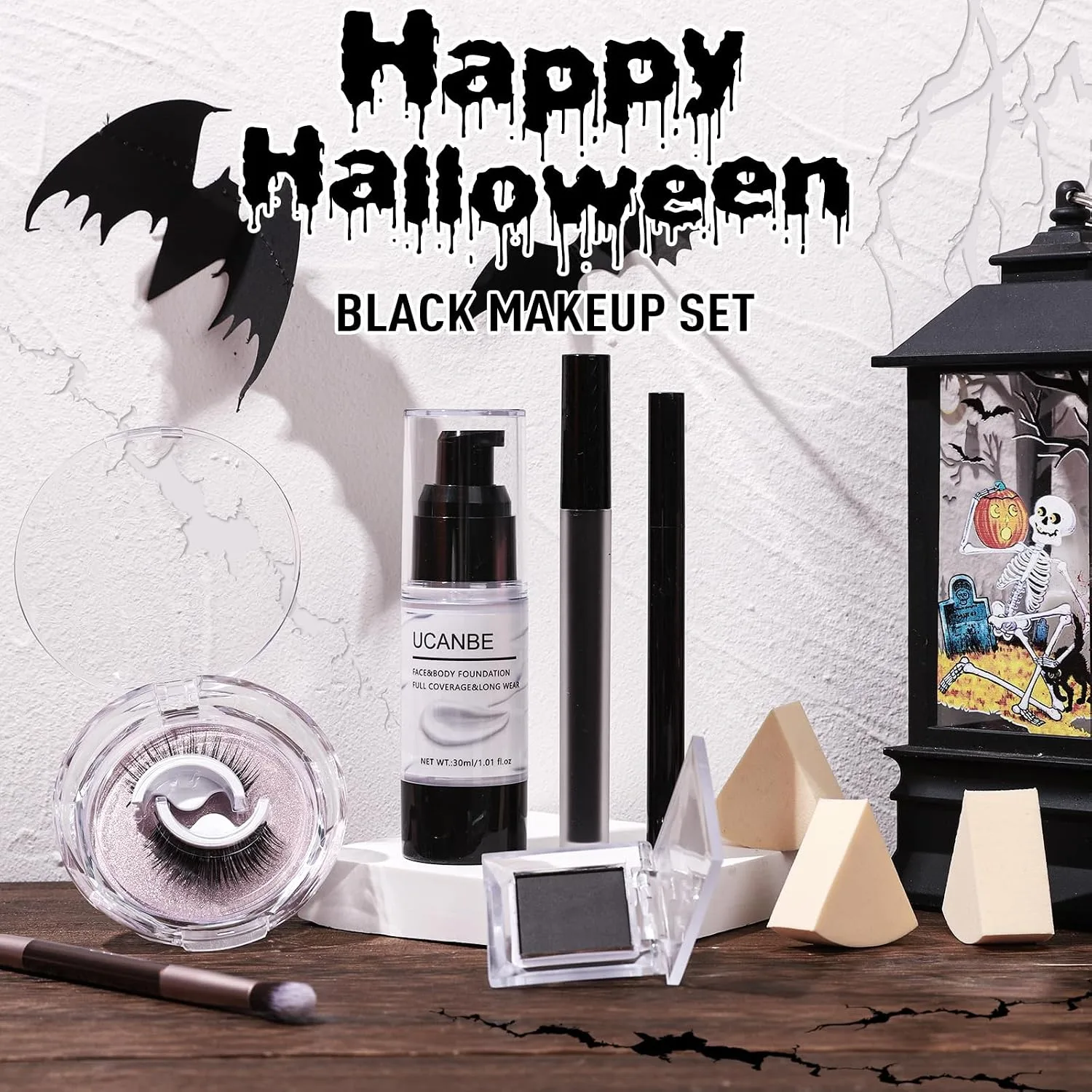 UCANBE Halloween Makeup Kit – Black Eyeshadow, White Liquid Foundation, Black Liquid Lipstick & Eyeliner, Self Adhensive Eyelashes, Brush & Sponges Makeup Set for SFX Cosplay Skeleton Skull Demon