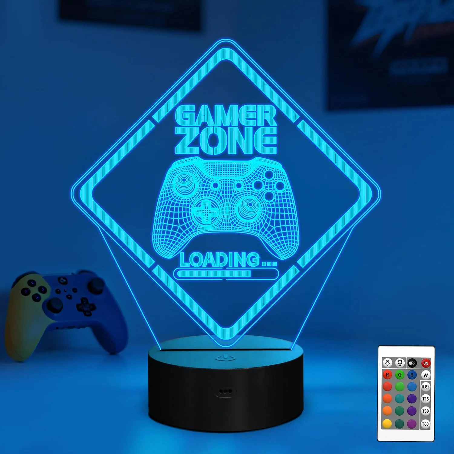 YuanDian Gamer Zone Night Light,Gamepad Gamepad Graphic Video Games Gamer Gift Funny 3D Illusion Lamp 16 Colors Changing Touch & Remote Control for Men Teenagers and Kids