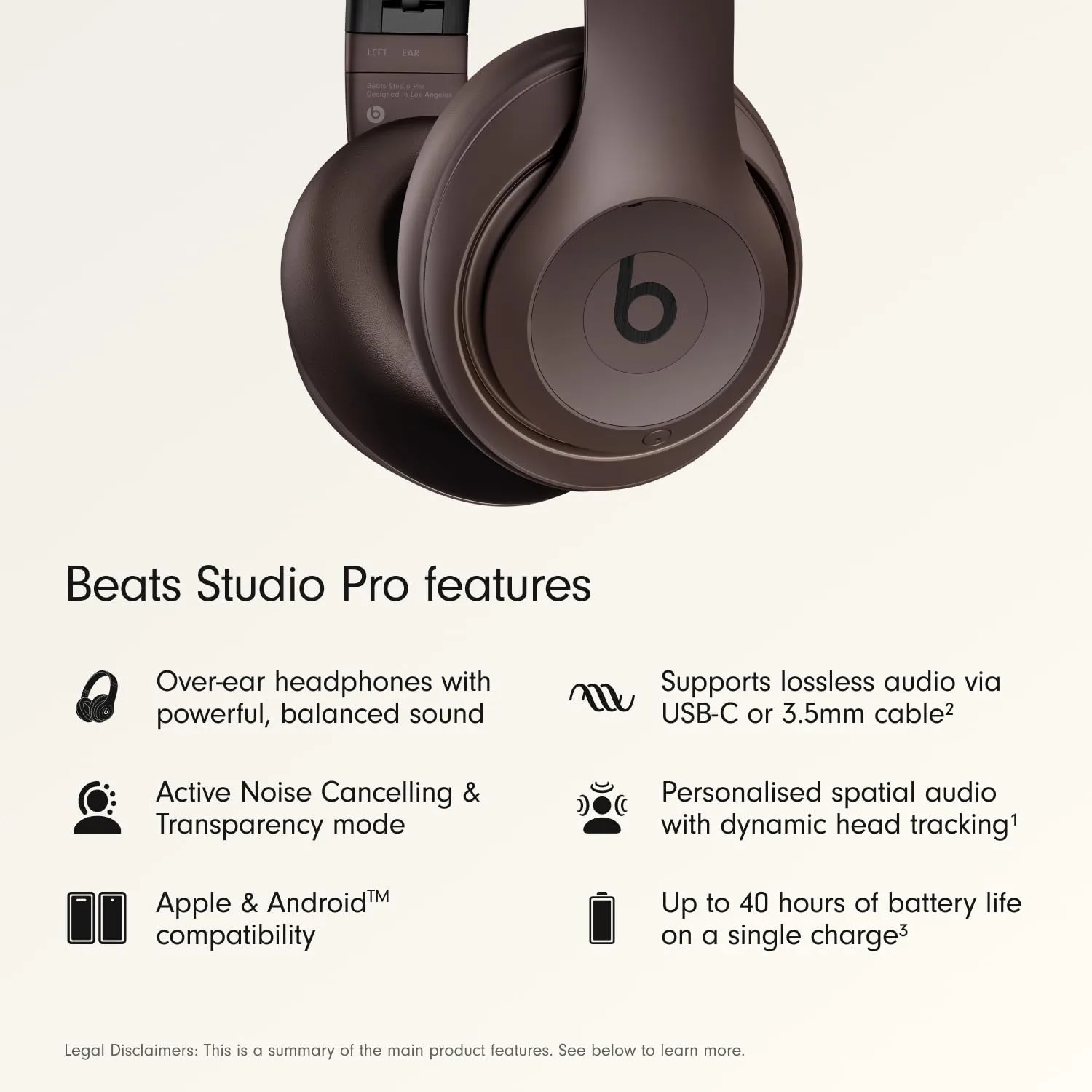 Beats Studio Pro Premium Wireless Over-Ear Headphones- Up to 40-Hour Battery Life, Active Noise Cancelling, Great for Travel & Commuting, USB-C Lossless Audio, Apple & Android Compatible - Deep Brown