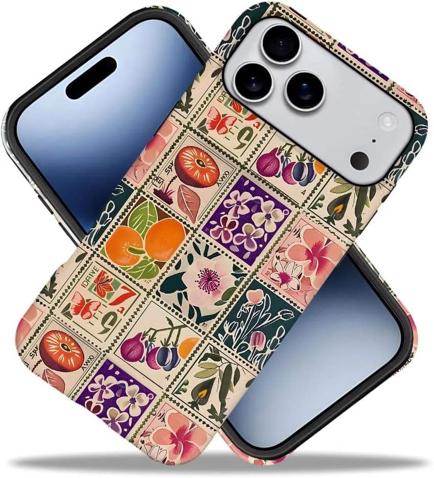 Case Compatible with iPhone 18 Pro Max/iPhone 17 Pro Max,Fall Prevention Hybrid 2-Layer Hard Shell Phone Cover for Girls Boys,Vintage Flower Orange Stamp Collage