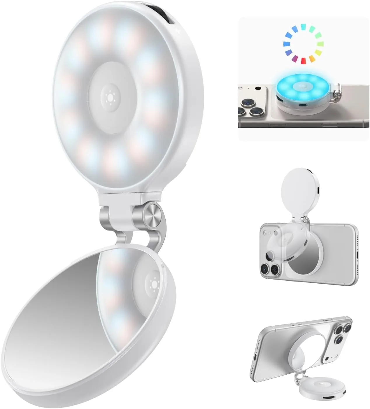 TELESIN Upgraded 4-in-1 Magnetic RGB Selfie Ring Light with Mirror & Phone Stand, Rechargeable Portable Clip On Fill Light for iPhone Samsung TikTok, Vlogging, Makeup, Photography, Streaming (White)