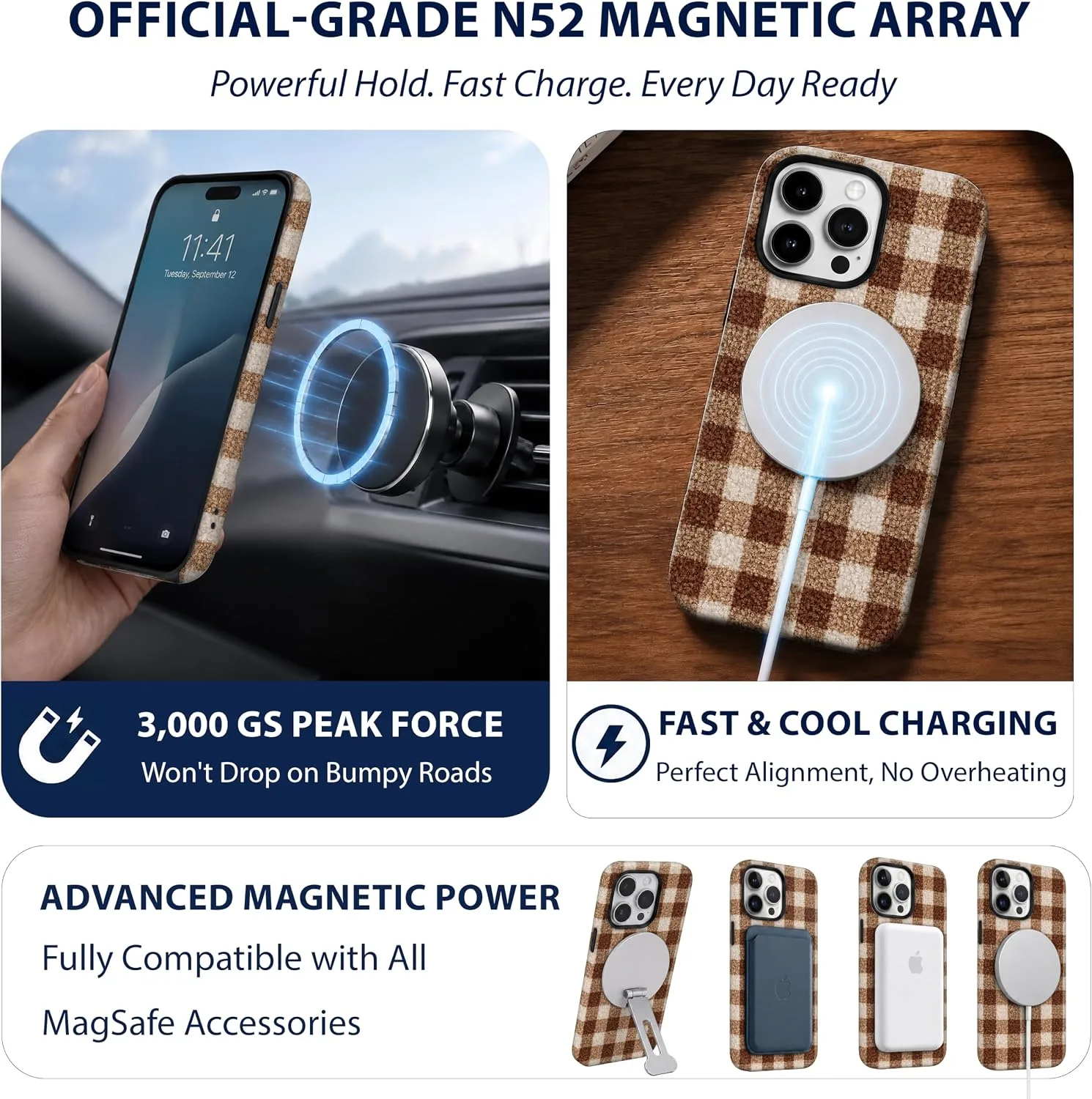 Magnetic for iPhone 14 Pro Max Chic Fall Brown Gingham Phone Case