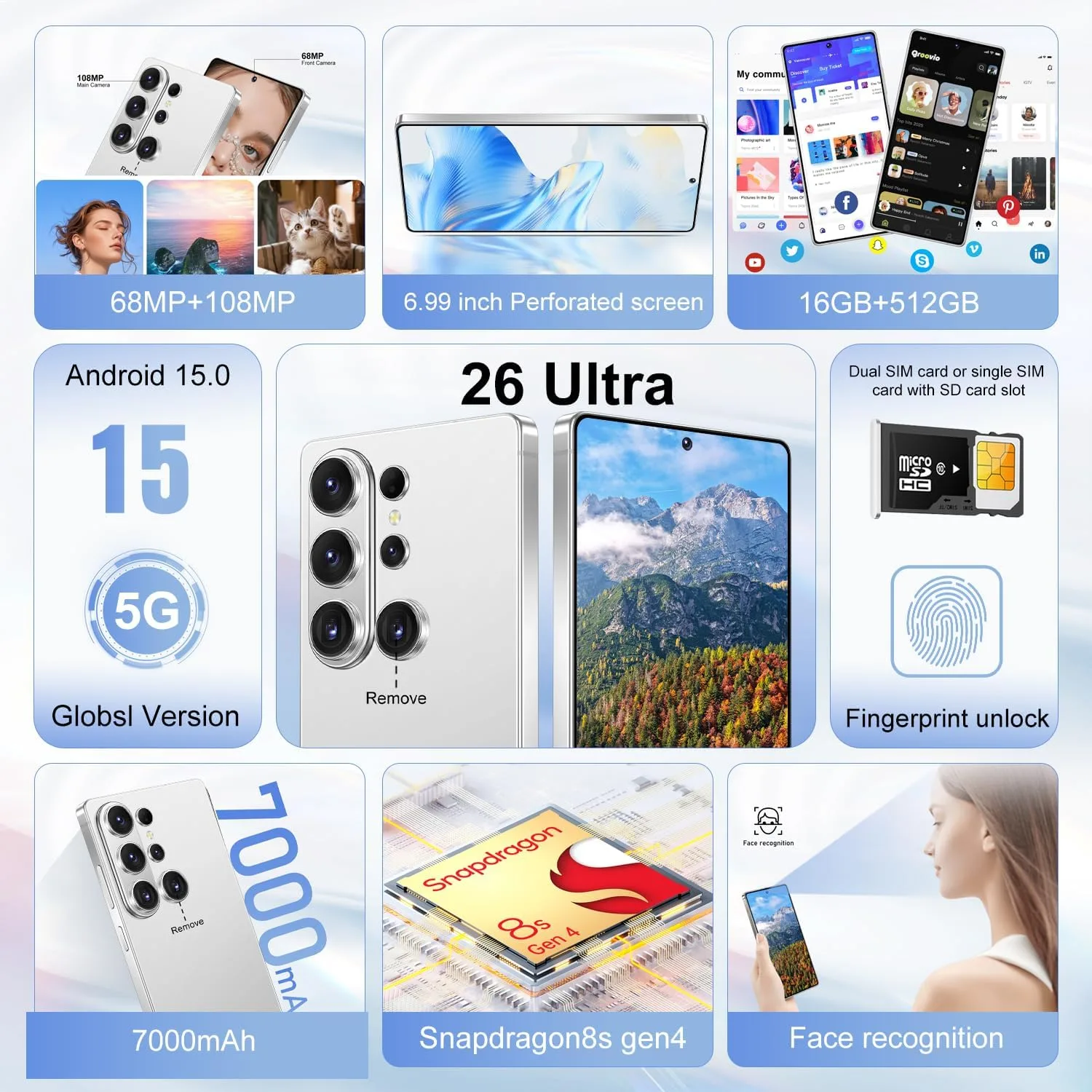 Huness S26 Ultra Unlocked Phone,Built in Pen The Phone,Cell Phone Battery 7000mAh 6.99" HD Screen,Android 15 16+512GB Smartphone,Dual SIM/5G/Face ID/Fingerprint Lock/GPS (White)