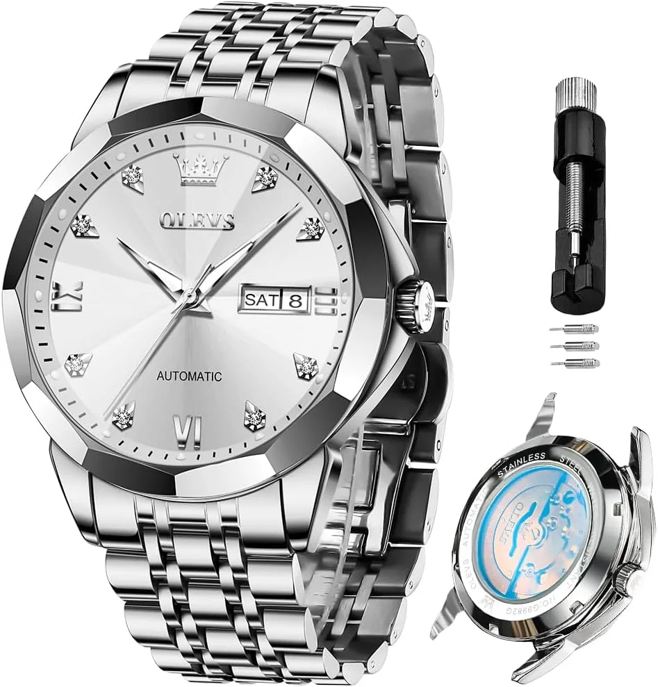 OLEVS Skeleton Men Watches Automatic Business Luxury Diamond Self Winding Watch for Men Stainless Steel Calendar Wrist Watch