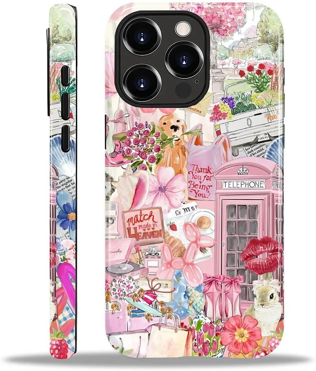 DAIZAG Case for iPhone 15 Pro,Mixed 2 Layer Design Shockproof Soft TPU Ddouble Protection Phone Case for iPhone 15 Pro-Cute Pink Animal Garden Collage