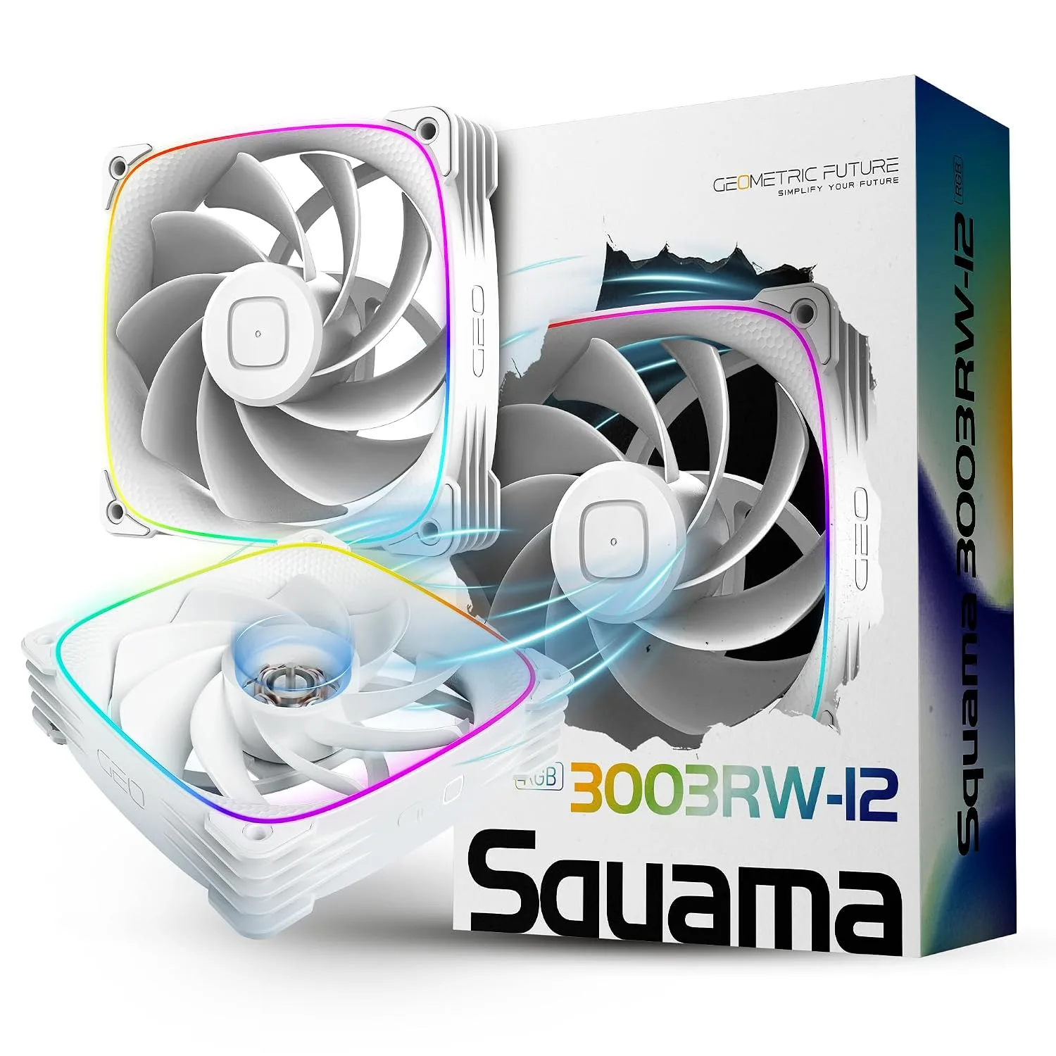 Geometric Future Squama 2503R Reverse Blade RGB PWM Fan - 140mm - 3 Pack – Performance & Silent Balance - Dual Lighting Loop - 5V 3pin addressable RGB - 4pin PWM - White(GEO-S2503RW-14T)