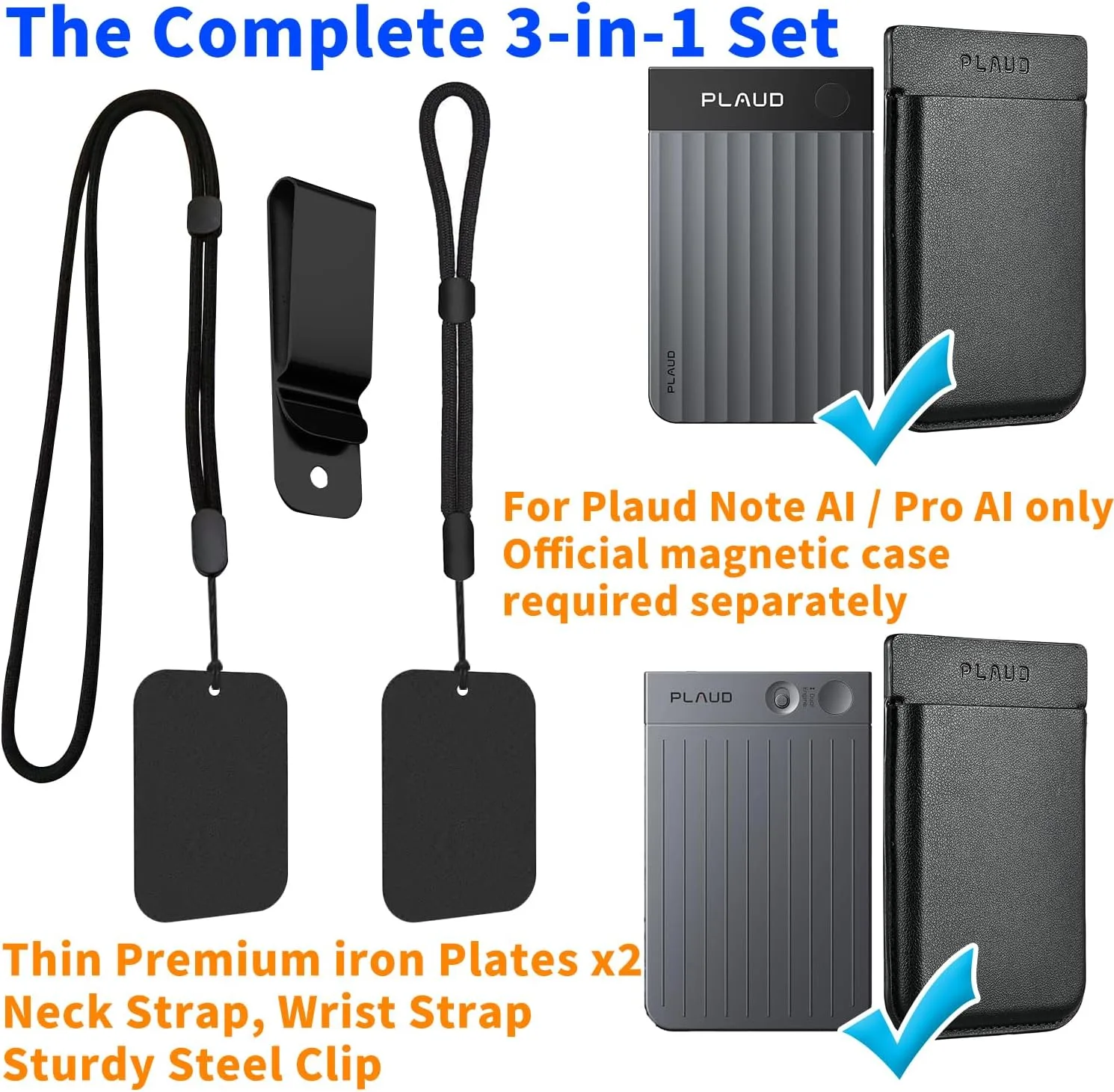 3-in-1 Kit for Plaud Note AI/Pro AI Recorder with Neck/Wrist/Clip, Attaches via Steel Plates to Magnetic Case. Secure Drop-Proof Carry. (Black, Plaud Note AI/Pro AI Recorder)