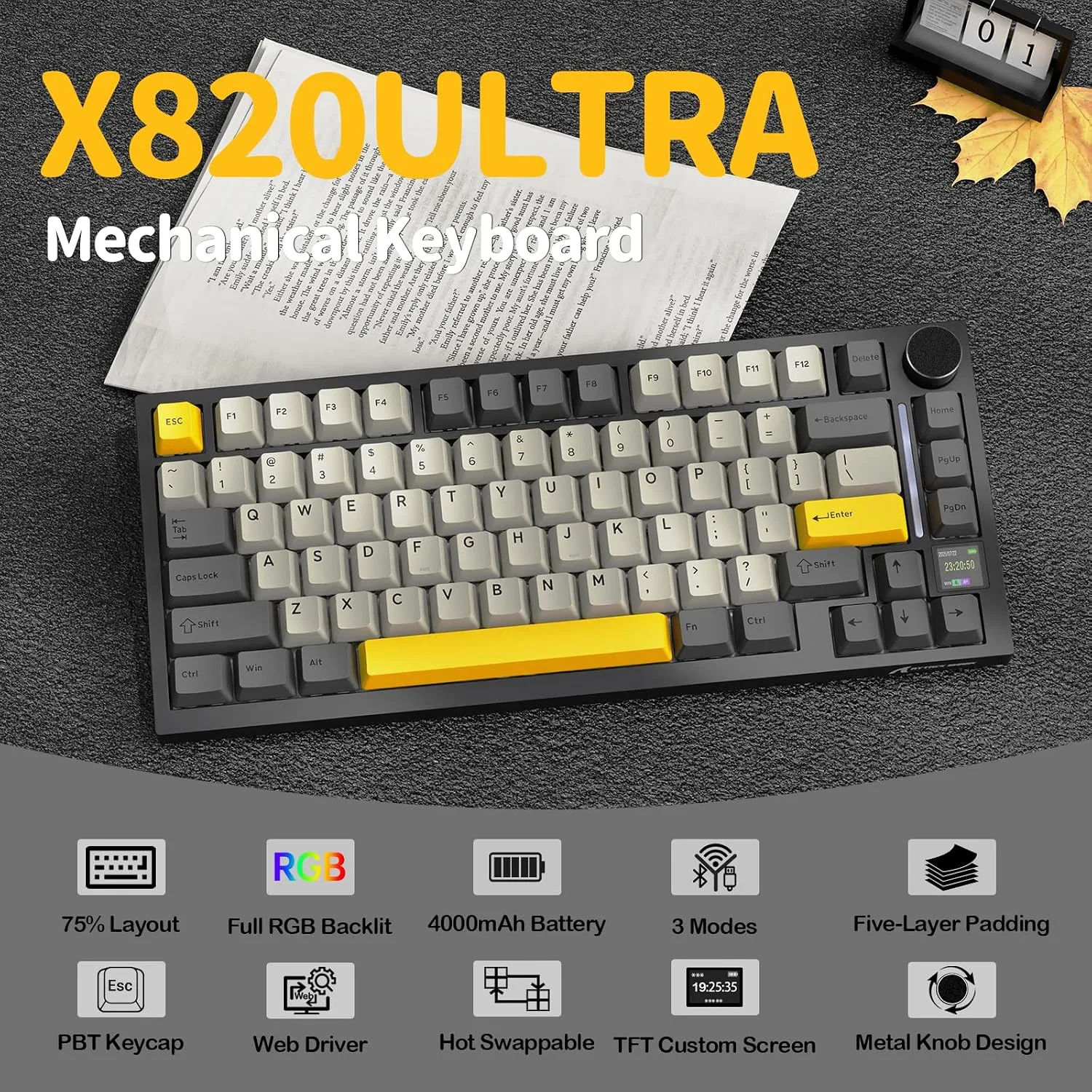 ATTACK SHARK X820 Ultra 75% Wireless Gaming Mechanical Keyboard Hot-Swappable Gasket Mount RGB Backlit BT/2.4G/Wired Custom Keyboard with Smart TFT Display&Knob QMK Driver-Star Black&Gift Switch
