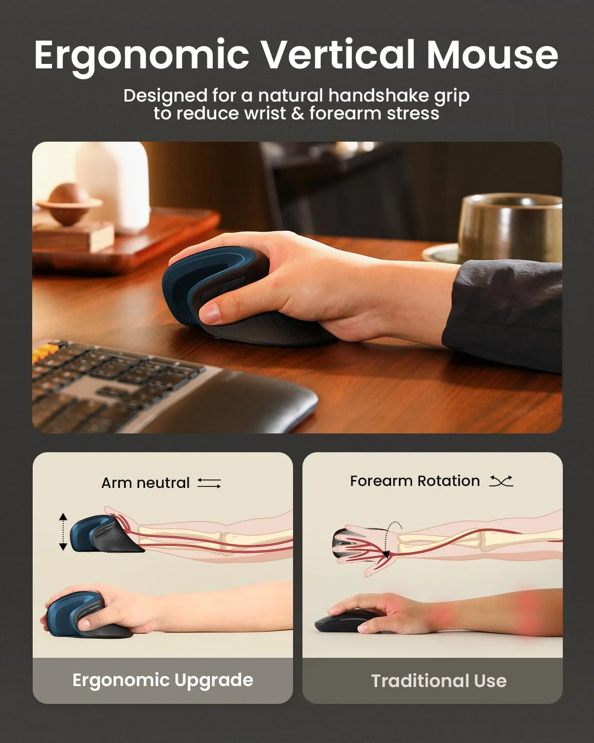 ProtoArc EM11 NL Wireless Ergonomic Mouse, Rechargeable Vertical Mouse