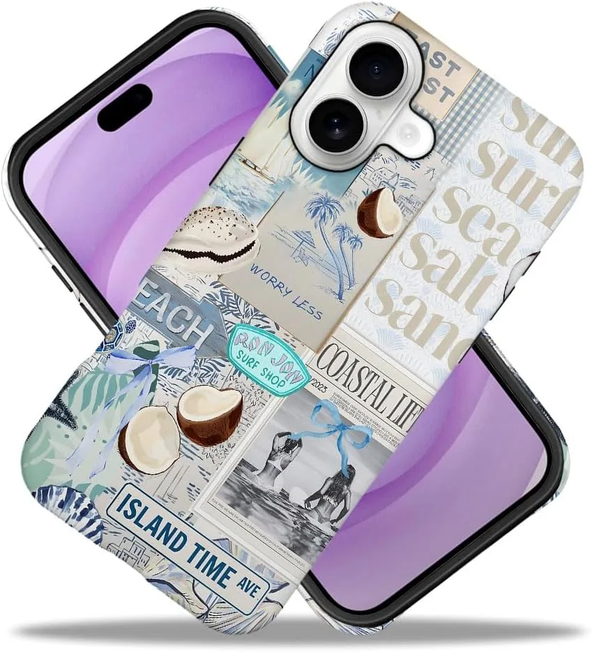 Case Compatible with iPhone 17,Fall Prevention Hybrid 2-Layer Hard Shell Phone Cover for Girls Boys,Beach Coast Collage