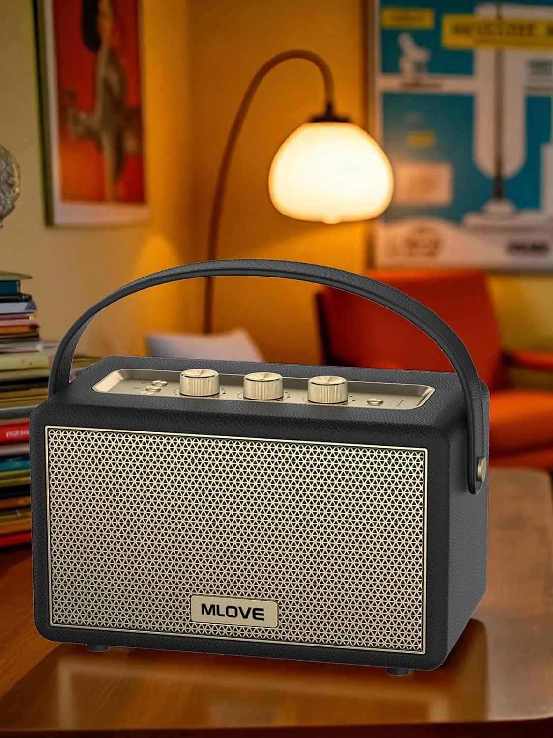 MLOVE A200 Portable Retro Bluetooth Speaker with Aux Input, USB Port, Micro SD Card Slot - Decorative Wireless Bookshelf Speakers Battery Powered, House Warming Gifts for New Home, Black and Gold