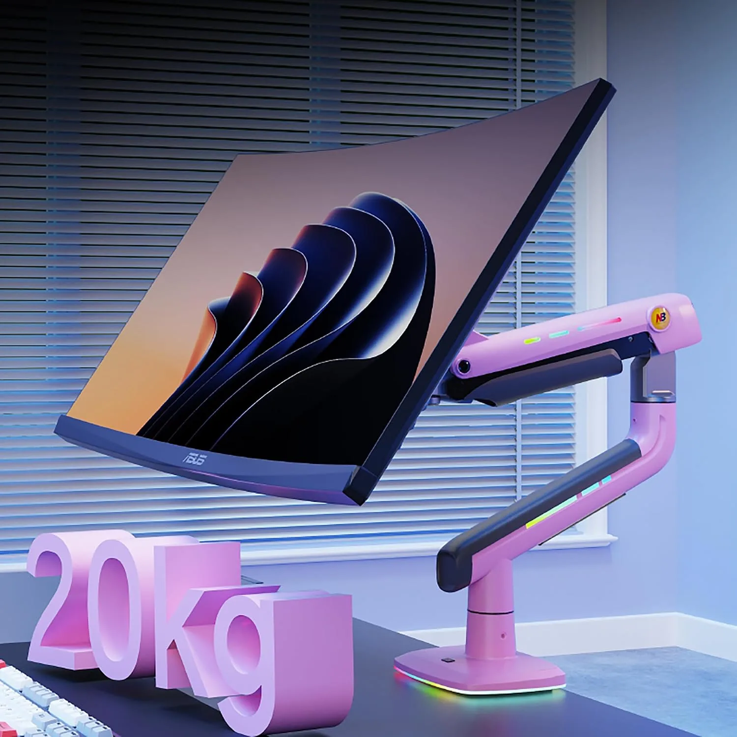 NB Gaming Monitor Arm or for 32 to 60 Inches Screen, Load up to 20 kg, VESA 75/100, RGB-Light, Heavy Duty, Multi Angle Adjustable, Premium Aluminum, Pink