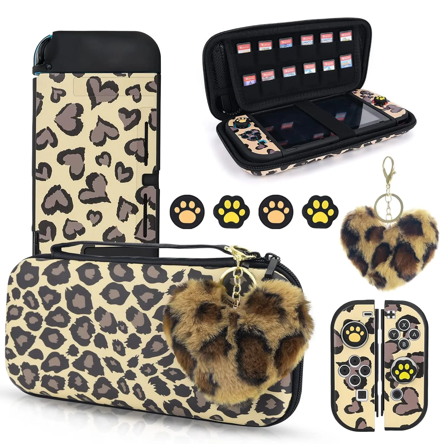 DLseego Brown Love Leopard Carrying Case for Switch, Cute Silicone Protective Soft Cover with 4PCS Thumb Grip Caps and Brown Plush Heart Pendant Hard Storage Case Accessories Kit Bundle for Girls