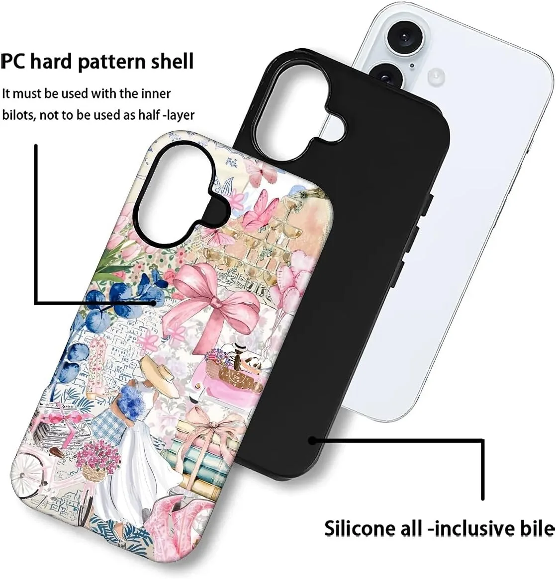 DAIZAG Case for iPhone 16 Plus,Mixed 2 Layer Design Shockproof Soft TPU Ddouble Protection Phone Case for iPhone 16 Plus-Magazine Books Flower Bow Collage