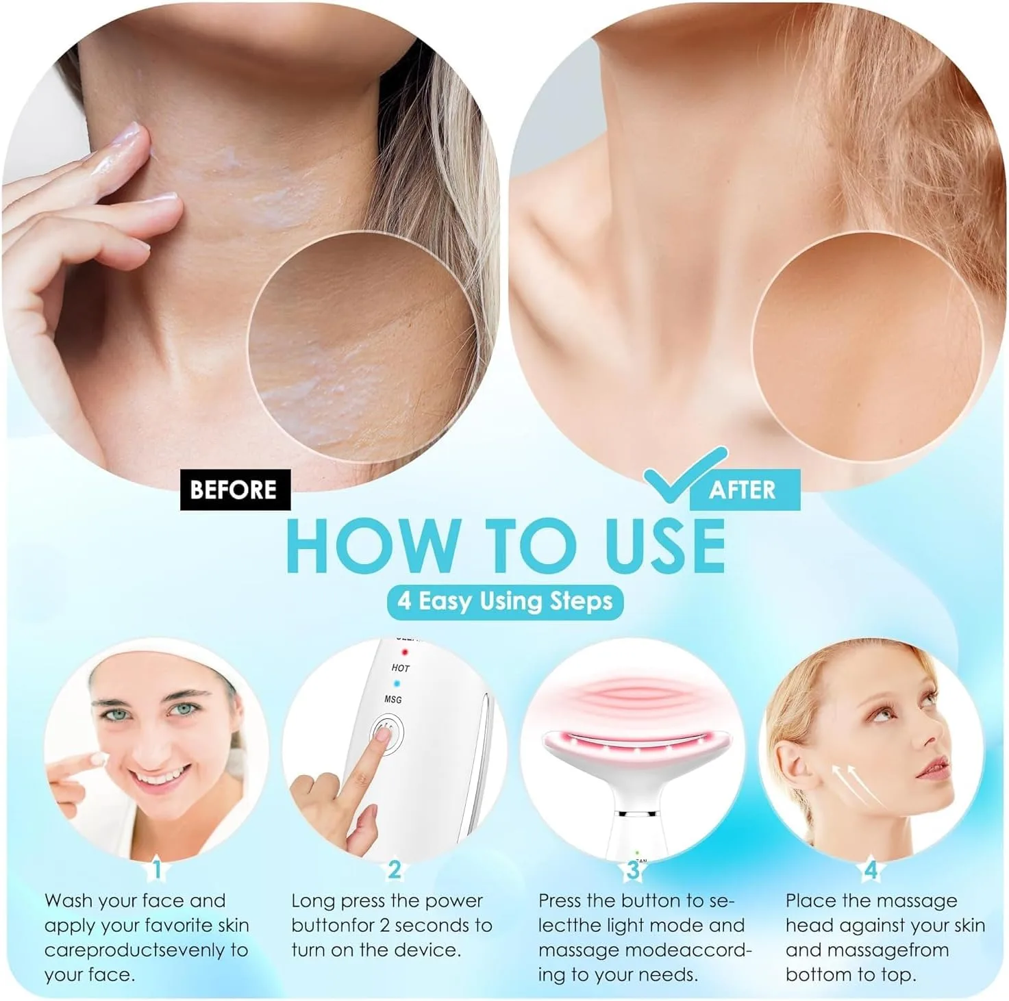 Face Massager -7 Color Red-Light-Therapy for Face and Neck for Wrinkles, Double Chin, Vibrating Facial Massage (White)