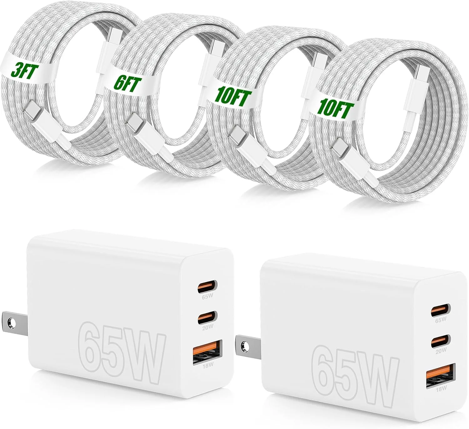 65W Fast Charging for iPhone Duo 18 17 16 Pro Max,3 Port 100W USB C Charger Block & 3/6/10/10FT Braided Type C Cord for iPhone 17 16 15 Pro/MacBook Air/iPhone 18 Pro/for Samsung S26 Ultra