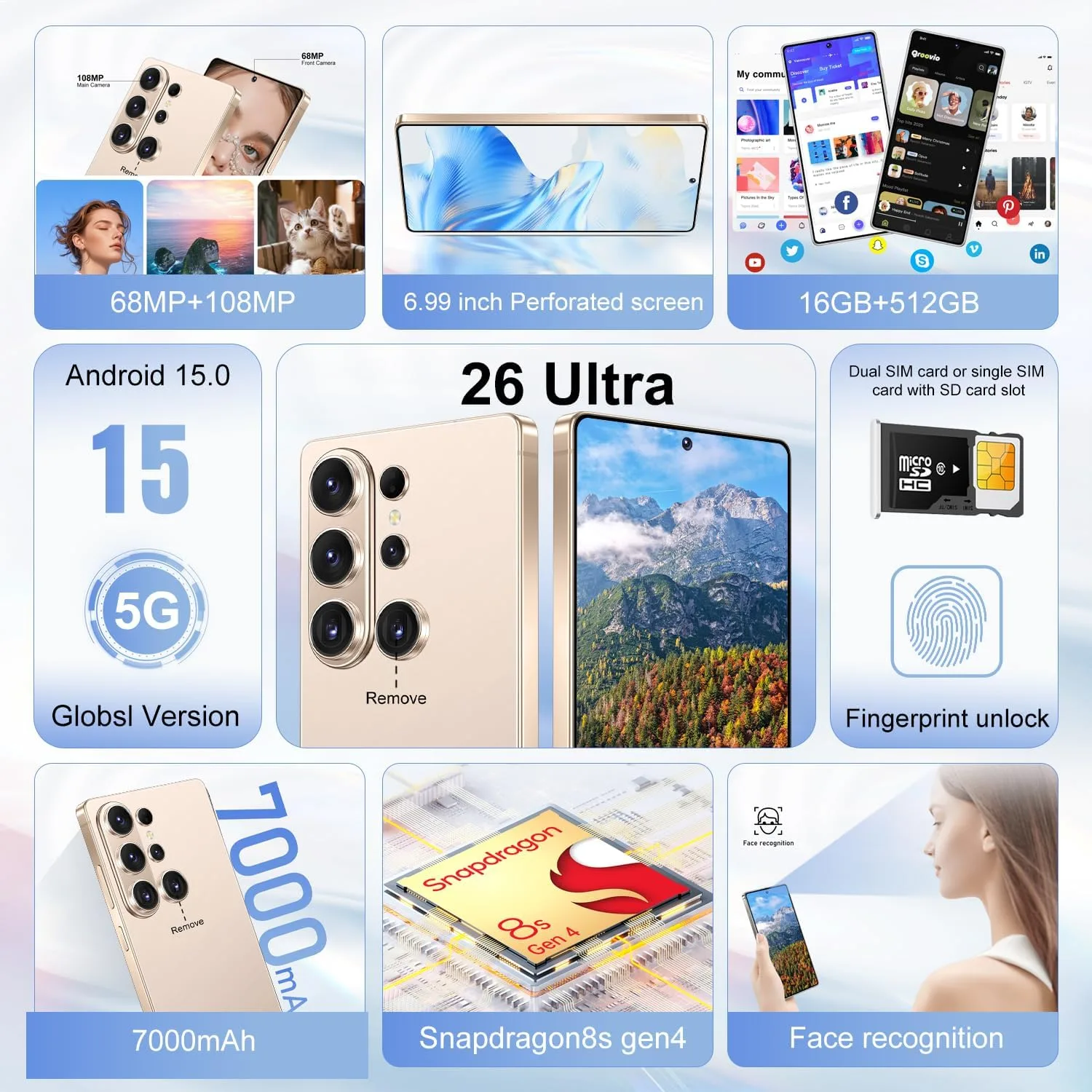 Huness S26 Ultra Unlocked Phone,Built in Pen The Phone,Cell Phone Battery 7000mAh 6.99" HD Screen,Android 15 16+512GB Smartphone,Dual SIM/5G/Face ID/Fingerprint Lock/GPS (Gold)