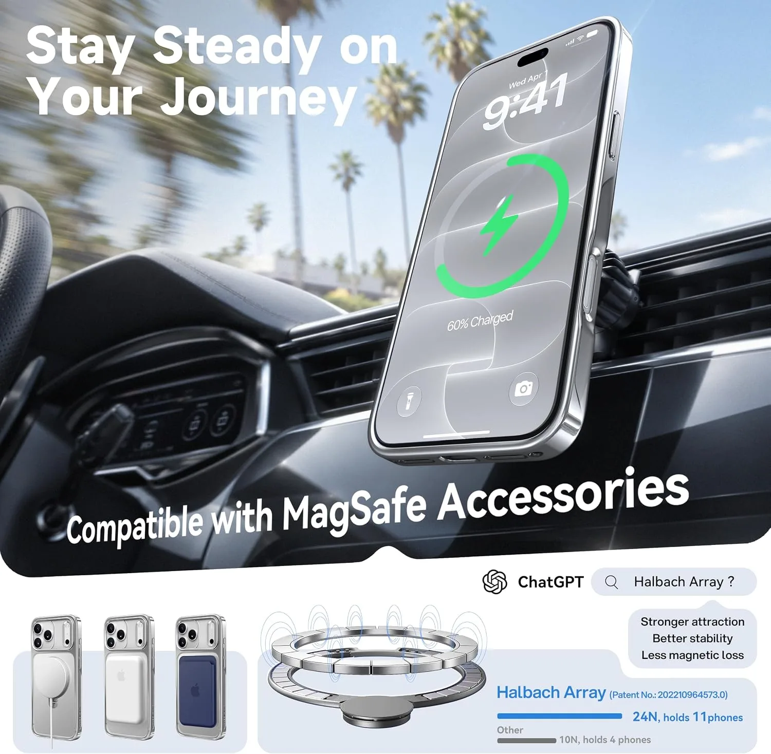 CASEKOO Glossy Silver 360 Spin Magnetic Stand for iPhone 18 Pro Max Case