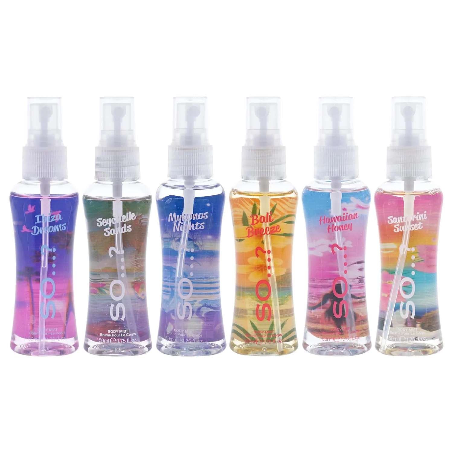 So...? Escapes Body Mist Set For Women - 6 Pc 1.7oz Body Mists - Ibiza Dreams, Mykonos Night, Bali Breeze, Seychelle Sand, Hawaiin Honey, Santorini Sunset (Pack of 2)
