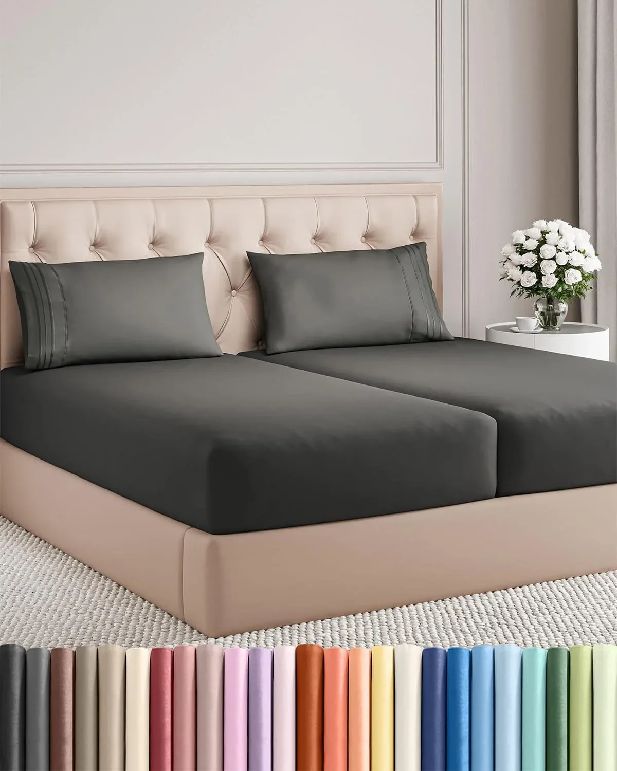 Split King Size 5 Piece Sheet Set - Breathable & Cooling Sheets - Charcoal