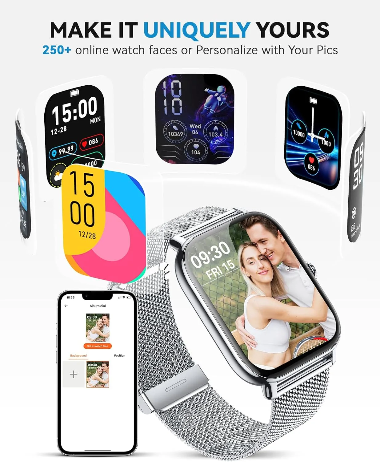 Smart Watch for Women Men- Answer/Make Call, IP68 Waterproof Fitness Tracker with Sleep Monitor,Smartwatch for Andriod iPhone Compatible (Silver Case w/Starlight & Siliver Milanese Band, 1.91)