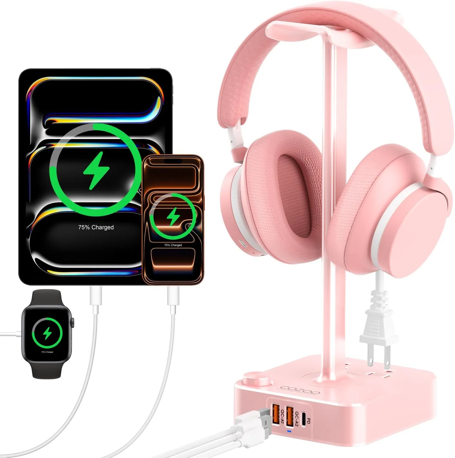 cozoo Headphone Stand with Charger, USB C, Gifts for Gamers Men, Pink