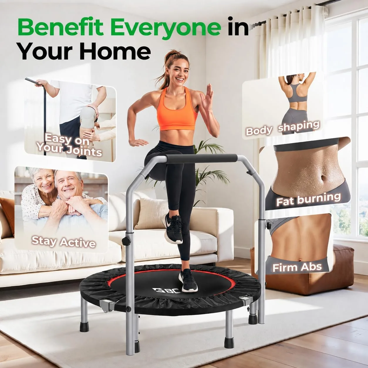 BCAN SP2 40/48" Foldable Mini Rebounder Trampoline for Adults, 330/440 lbs Capacity, Mini Trampoline with Adjustable Handle, Low-Impact Indoor Exercise Workout | FED Fitness