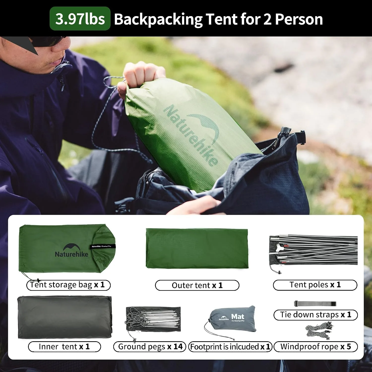 Naturehike Cloud-Up 2 Person Tent Lightweight Backpacking Tent with Footprint - Free Standing Ultralight Camping Hiking Backpack Tents Two Person Tent