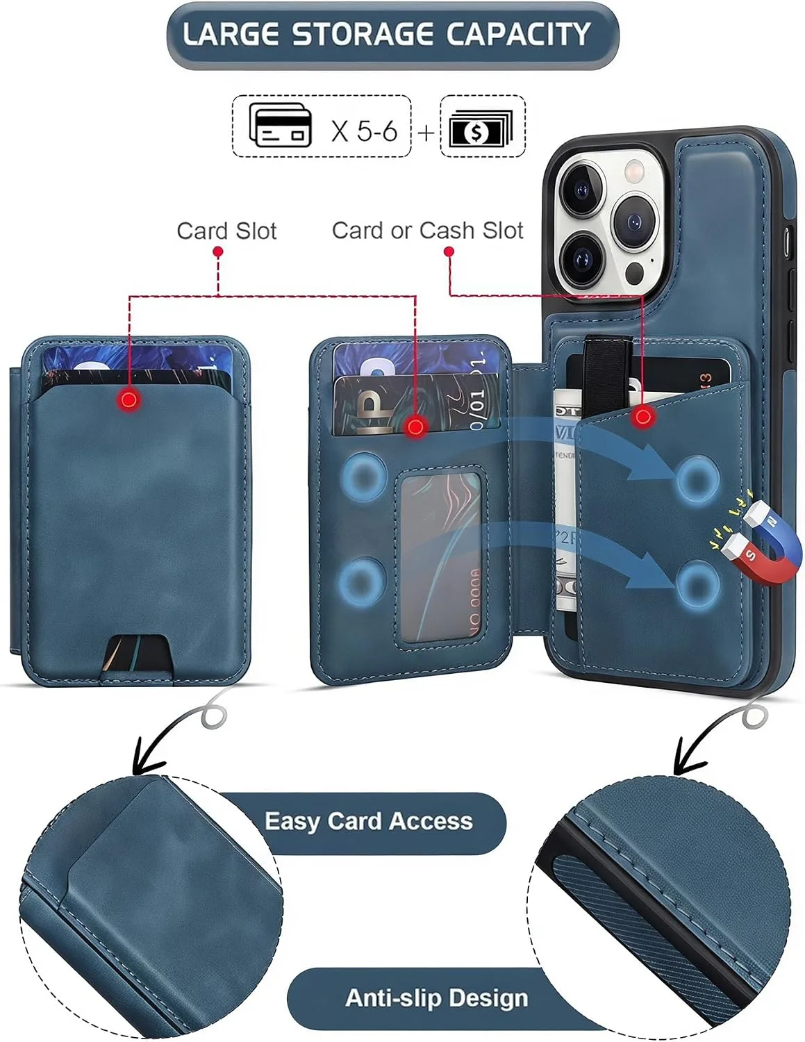 Magnetic Detachable Wallet Case for iPhone 14 Pro Max with Kickstand,2-in-1 MagSafe Compatible RFID Blocking Card Holder,Slim PU Leather Cover Blue