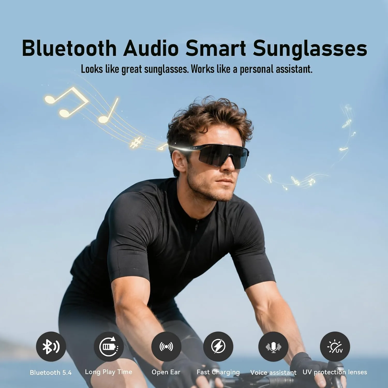 Smart Sunglasses for Men/Women, Bluetooth Glasses for Cycling Running, Sports Sunglasses with UV400 Polarized Lenses, Bluetooth 5.4 for Music, Voice Control for Hiking Fishing (Grey)
