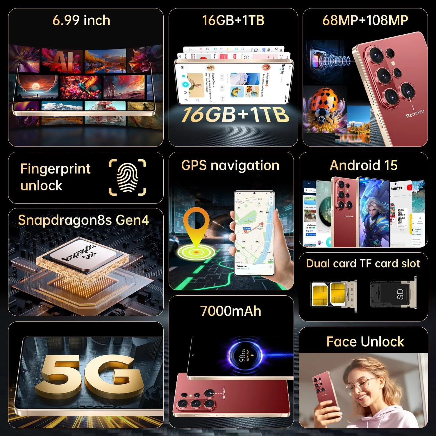 Huness 26 Ultra Unlocked Cell Phone,Built in Pen,16+1TB Unlocked Phone, Android 15 Battery 7000mAh 6.99" HD Screen Smartphone, 5G/Face ID/Fingerprint Lock/Dual SIM/GPS (Wine Red, 16+1TB)